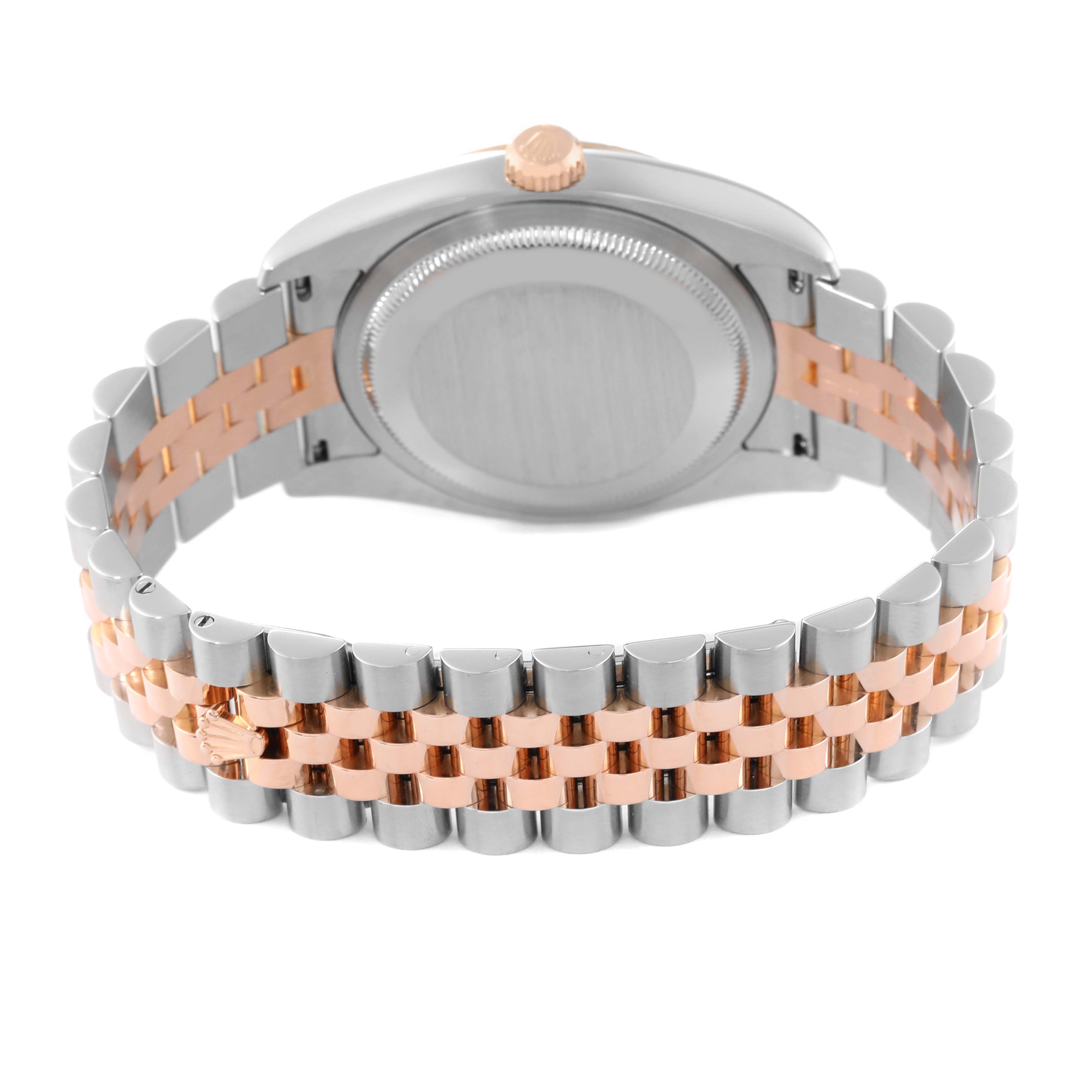 The image shows the back view of a Rolex Datejust 116231 Men's Steel and Gold (two tone) Silver Dial 116231 Men's Steel and Gold (two tone) Silver Dial watch, highlighting the two-tone Jubilee bracelet and case back.