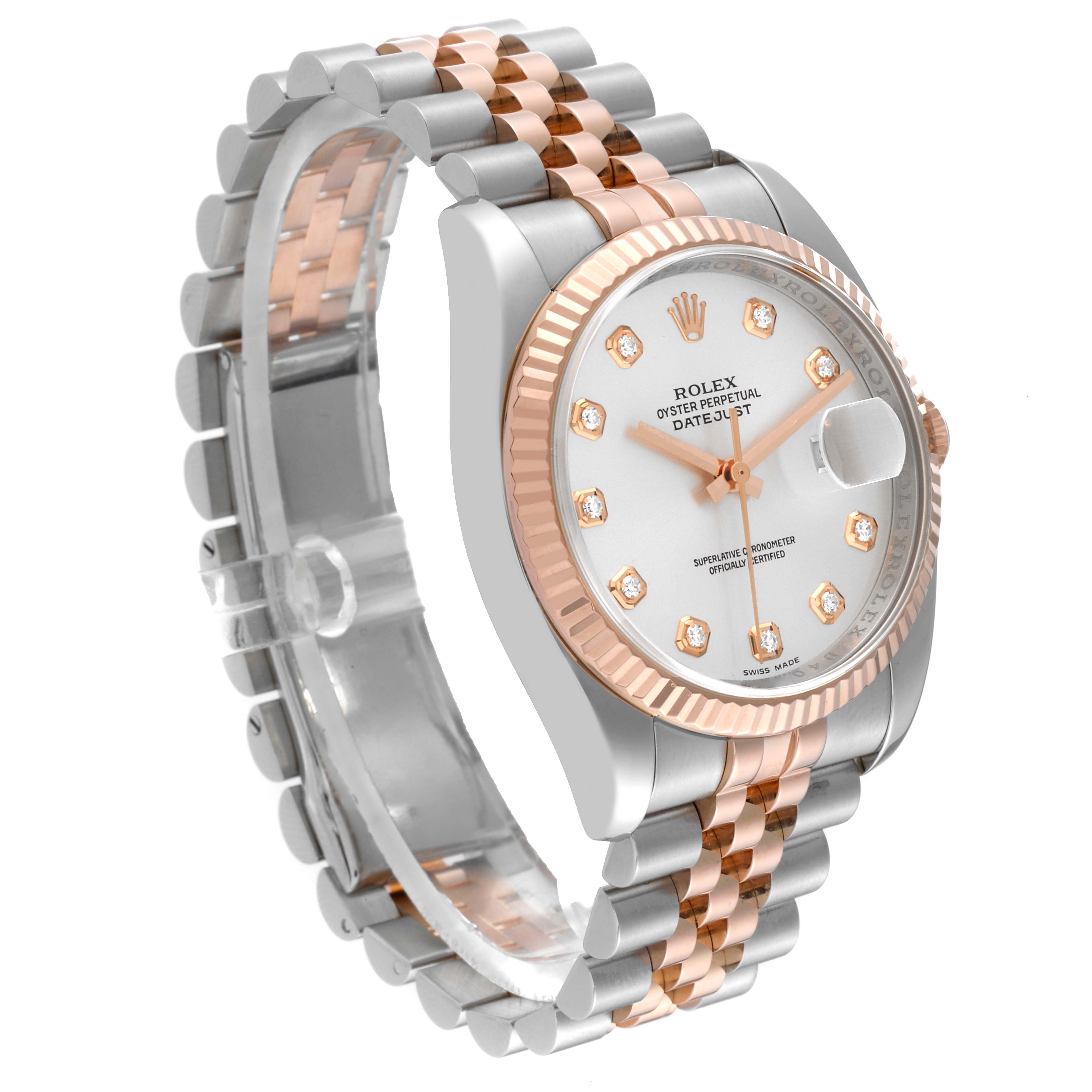 The image shows a Rolex Datejust 116231 Men's Steel and Gold (two tone) Silver Dial 116231 Men's Steel and Gold (two tone) Silver Dial watch at a slight angle, highlighting its two-tone bracelet, fluted bezel, and diamond markers.