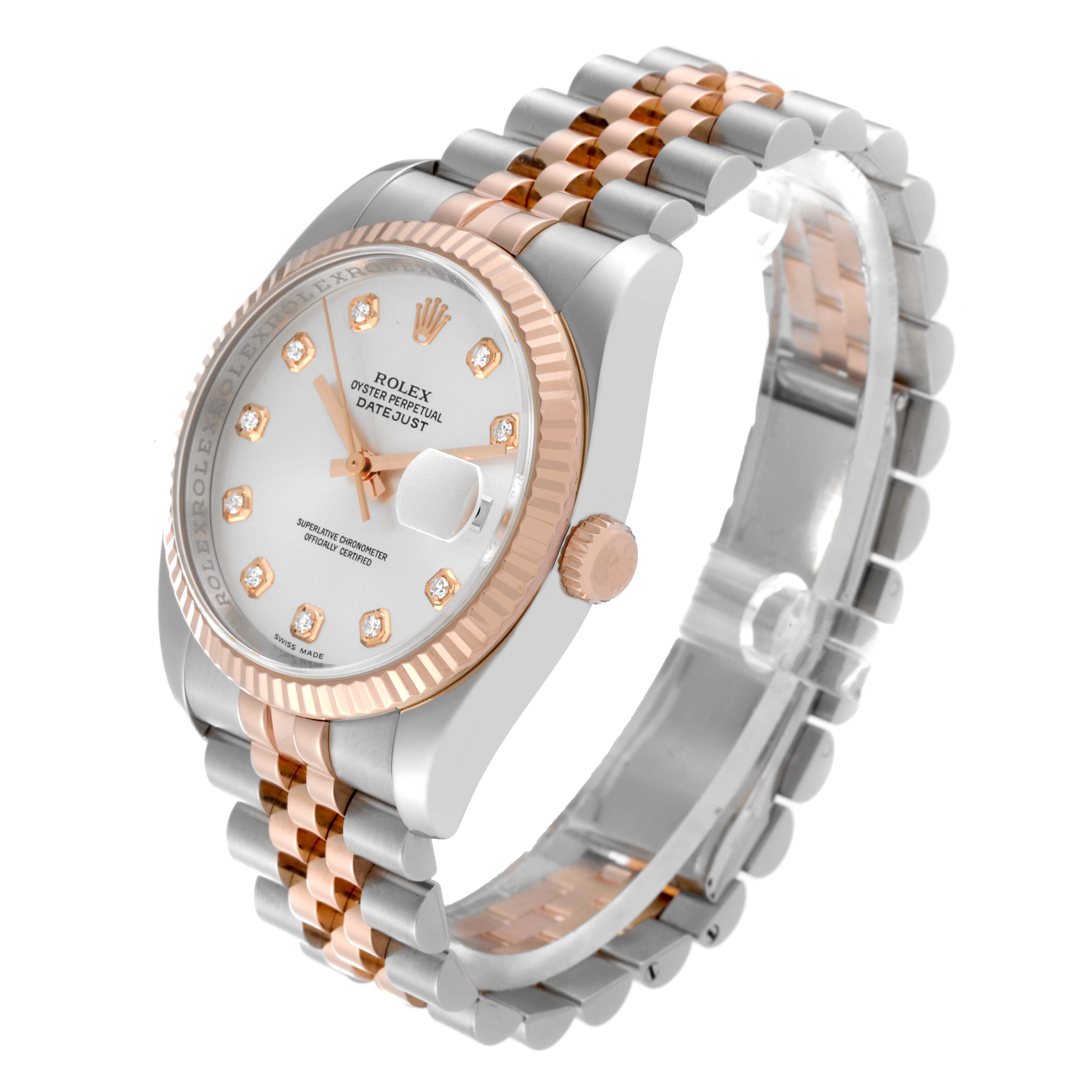 This image shows a Rolex Datejust 116231 Men's Steel and Gold (two tone) Silver Dial 116231 Men's Steel and Gold (two tone) Silver Dial watch at an angle showcasing the face, fluted bezel, crown, and two-tone Jubilee bracelet.