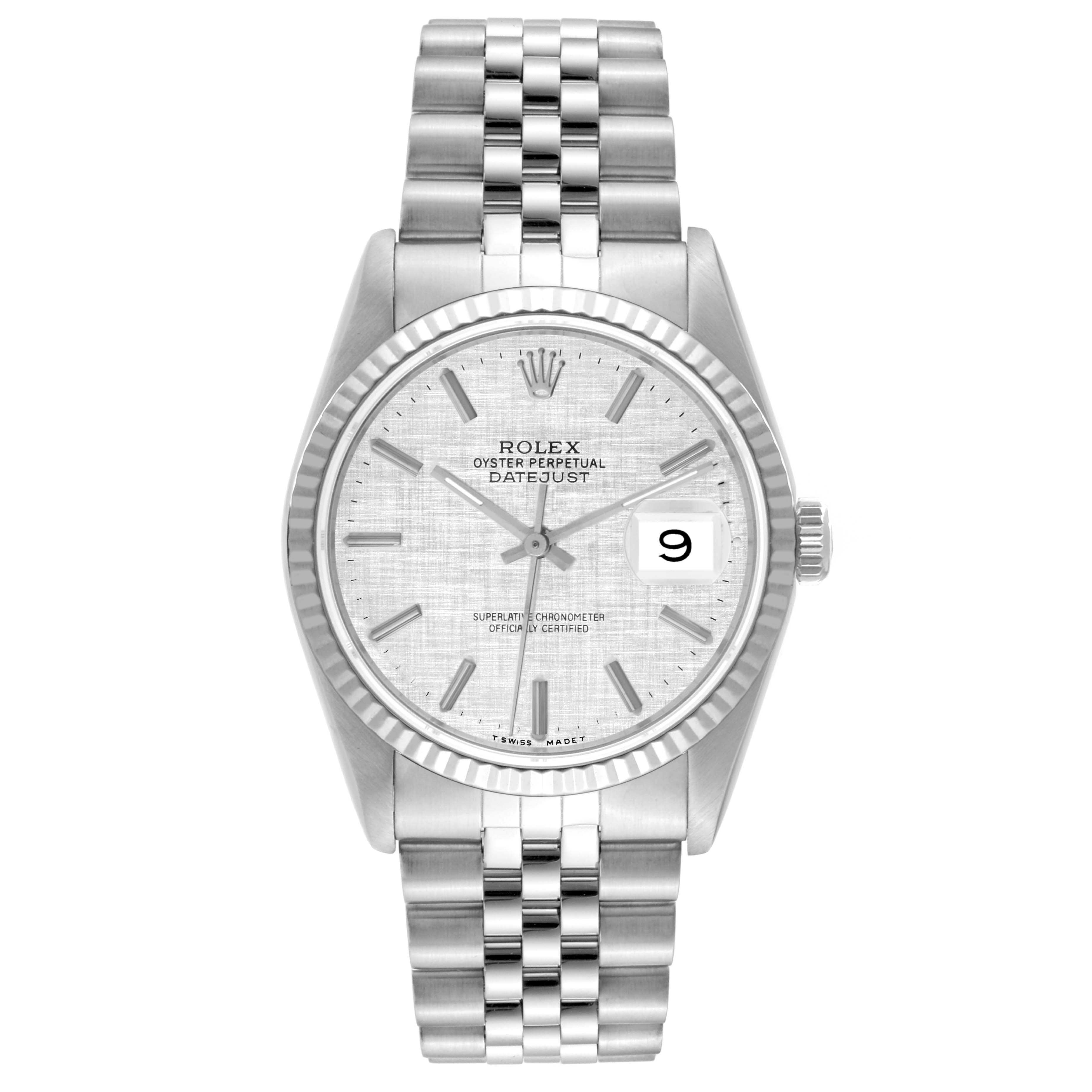 The image shows a Rolex Datejust 16234 Men's Stainless Steel Silver Dial 16234 Men's Stainless Steel Silver Dial watch from the front, displaying its face, bezel, bracelet, and date window.