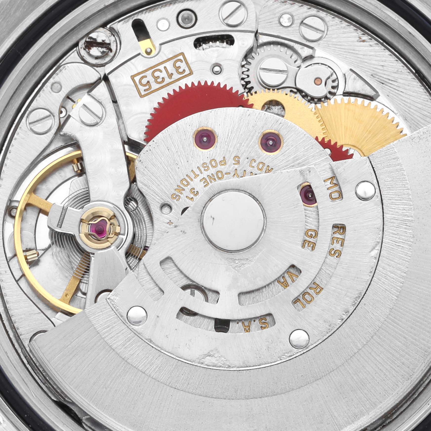 This is a close-up view of the inner mechanical movement of a Datejust watch by Rolex.