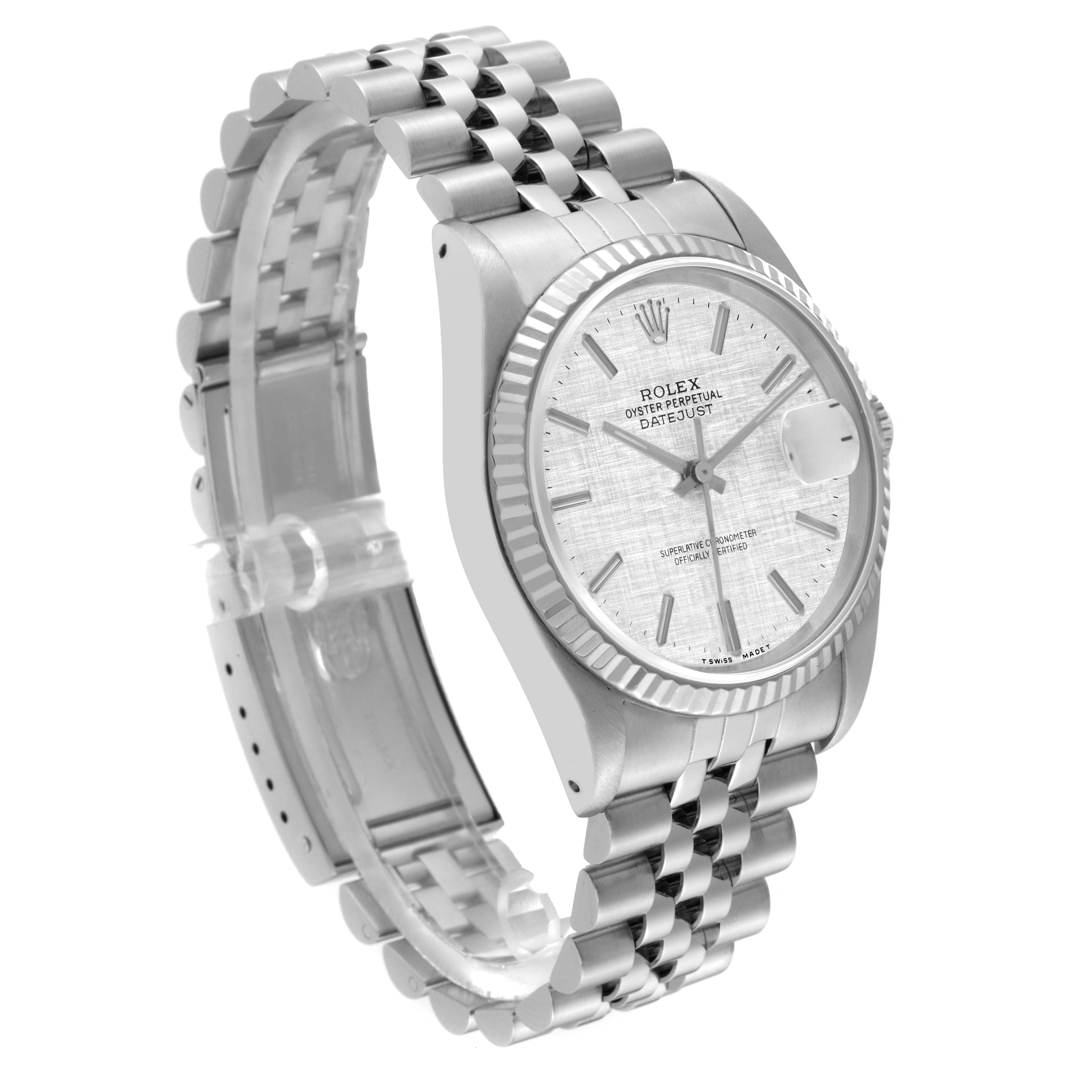 The Rolex Datejust 16234 Men's Stainless Steel Silver Dial 16234 Men's Stainless Steel Silver Dial watch is shown at a slight angle, displaying its dial, fluted bezel, and Jubilee bracelet.