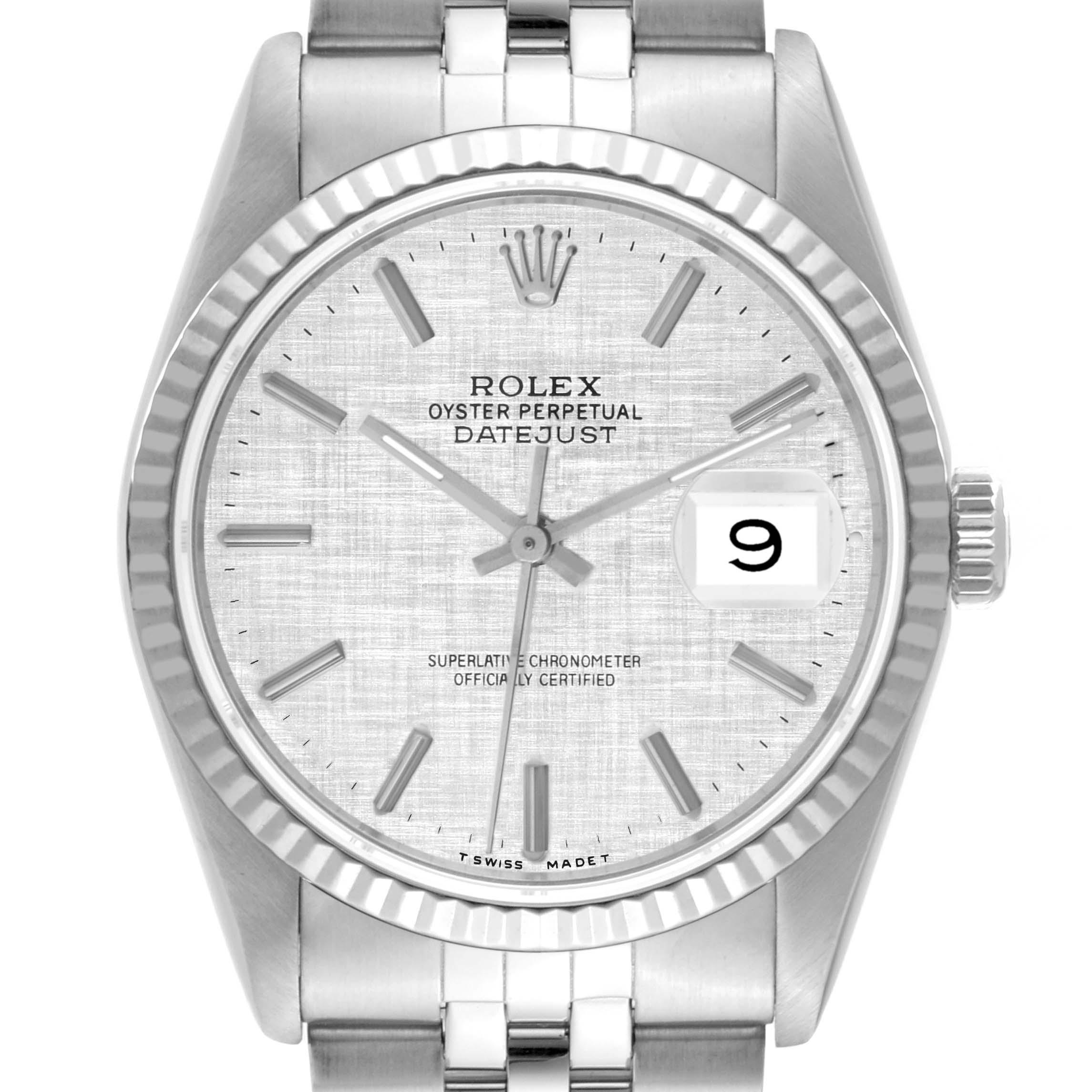 The image shows a front view of the Rolex Datejust 16234 Men's Stainless Steel Silver Dial 16234 Men's Stainless Steel Silver Dial watch, highlighting the dial, bezel, crown, and part of the bracelet.