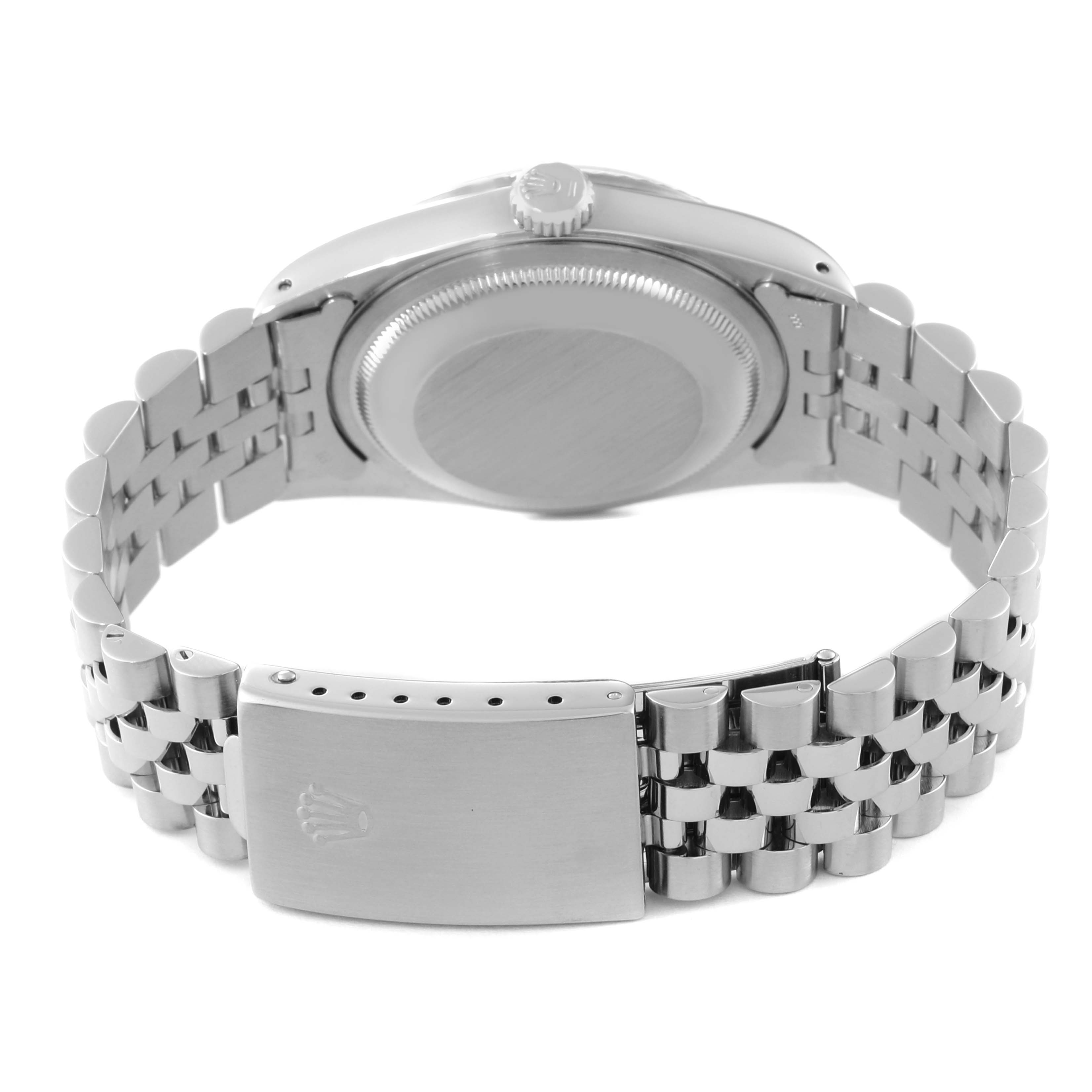 This image shows the back view of a Rolex Datejust 16234 Men's Stainless Steel Silver Dial 16234 Men's Stainless Steel Silver Dial watch, focusing on the case back, crown, and Jubilee bracelet with clasp.