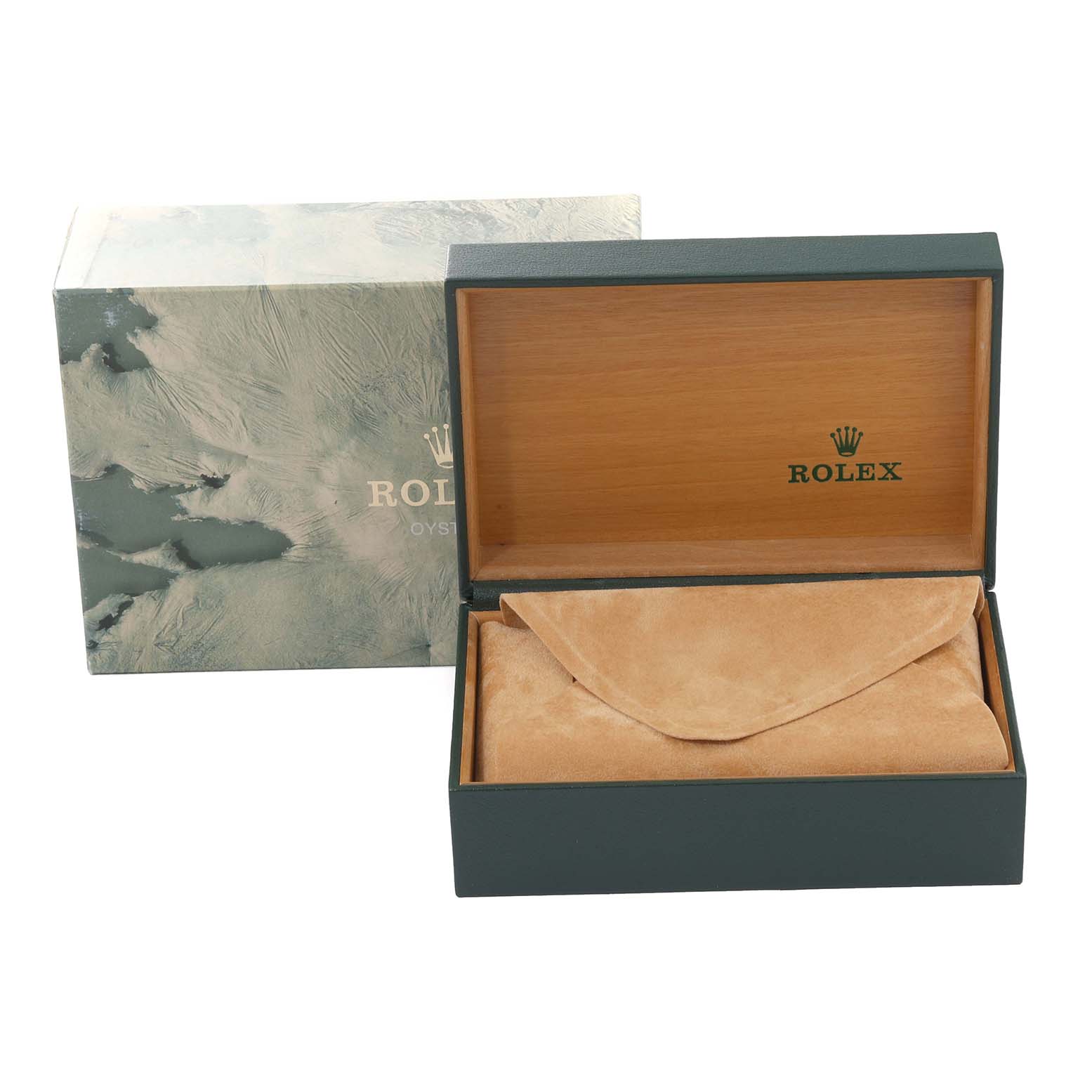 The image shows the packaging for a Rolex Datejust 16234 Men's Stainless Steel Silver Dial 16234 Men's Stainless Steel Silver Dial watch, including the outer box and inner wooden presentation case.