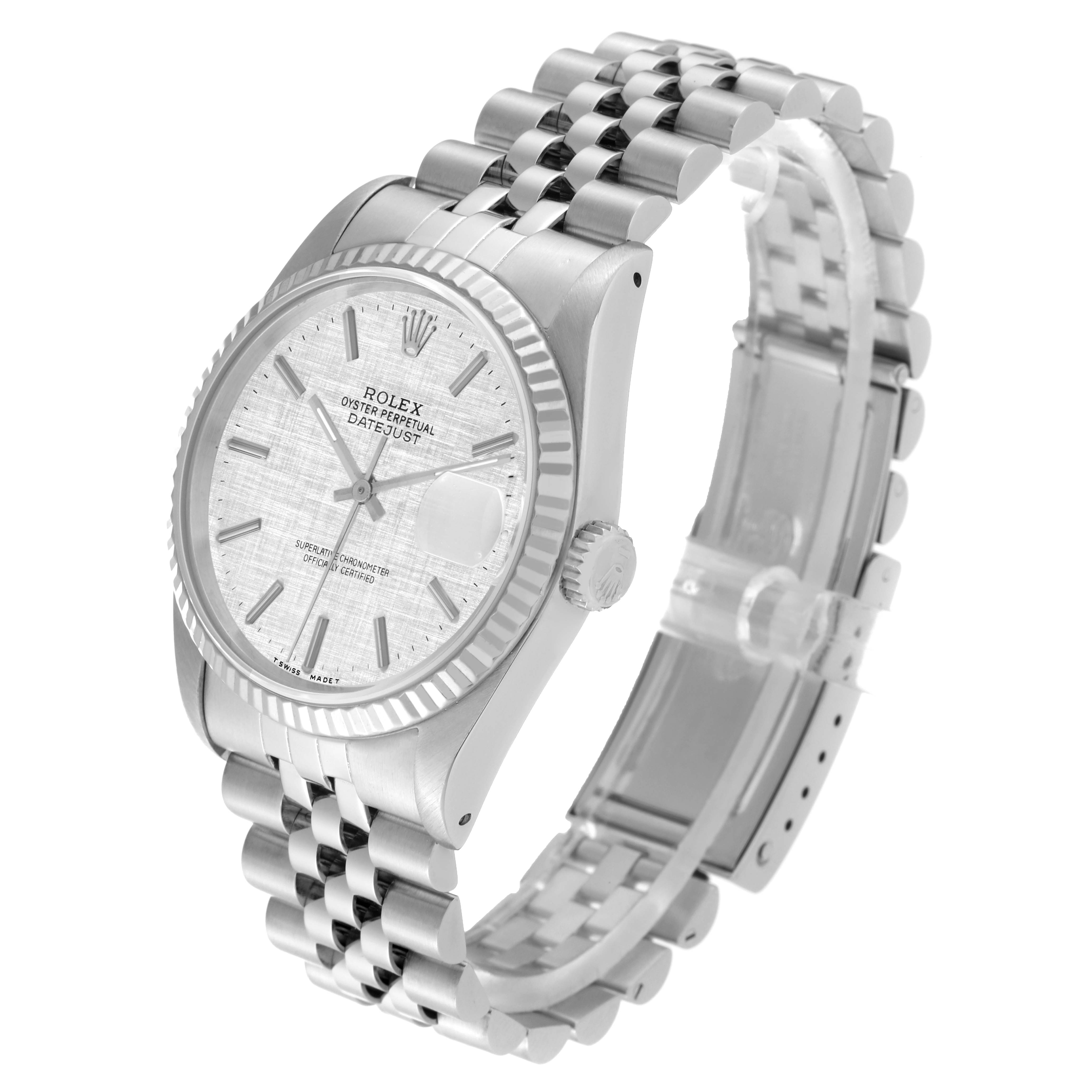 The image shows a Rolex Datejust 16234 Men's Stainless Steel Silver Dial 16234 Men's Stainless Steel Silver Dial watch at a three-quarter angle, displaying the face, bezel, crown, and bracelet.