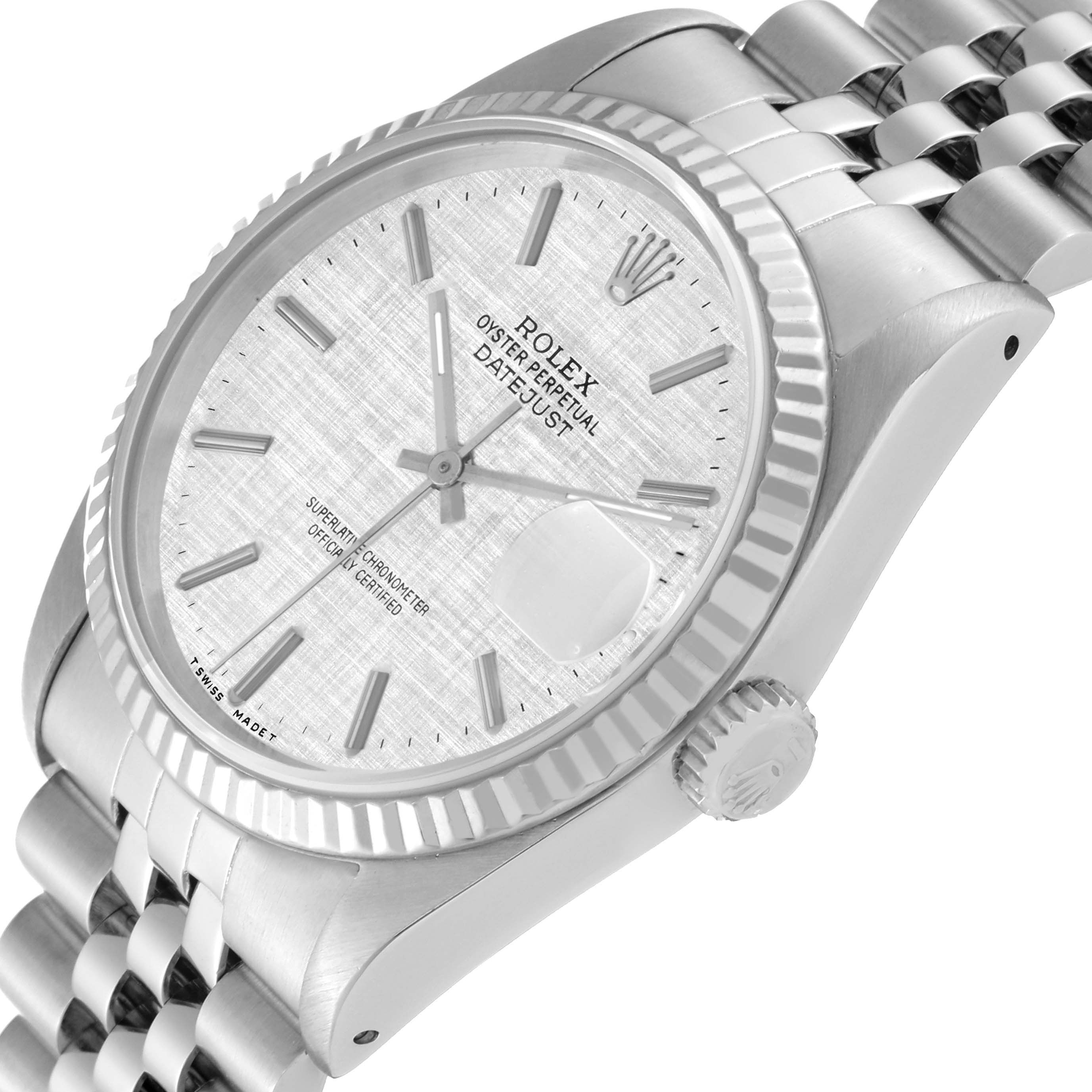 The image shows a Rolex Datejust 16234 Men's Stainless Steel Silver Dial 16234 Men's Stainless Steel Silver Dial watch at a slightly tilted angle, highlighting the face, bezel, crown, and part of the bracelet.