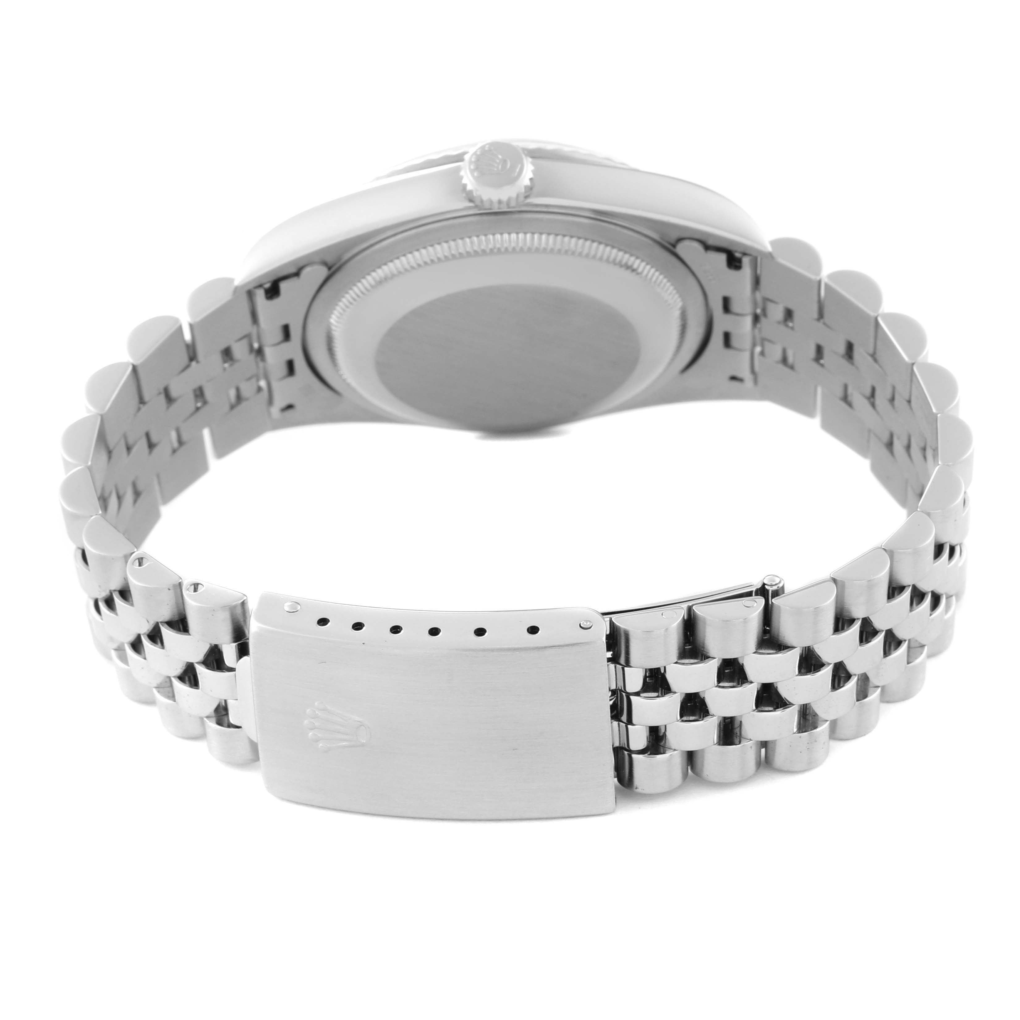 This image shows the back view of a Rolex Datejust 16234 Men's Stainless Steel Silver Dial 16234 Men's Stainless Steel Silver Dial watch, highlighting the case back, crown, and bracelet clasp.