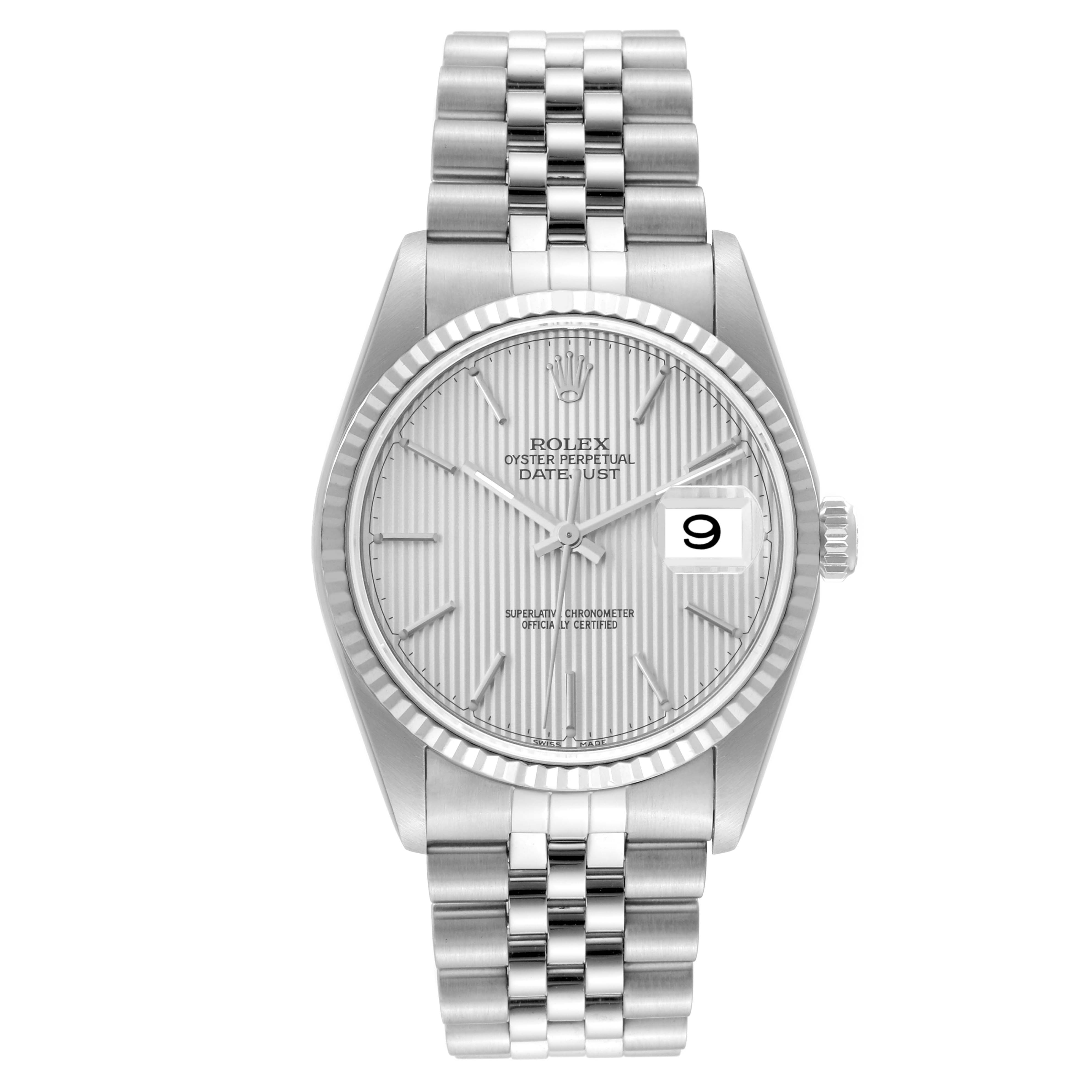 The image shows a front view of the Rolex Datejust 16234 Men's Stainless Steel Silver Dial 16234 Men's Stainless Steel Silver Dial watch, featuring its dial, bezel, crown, and bracelet.