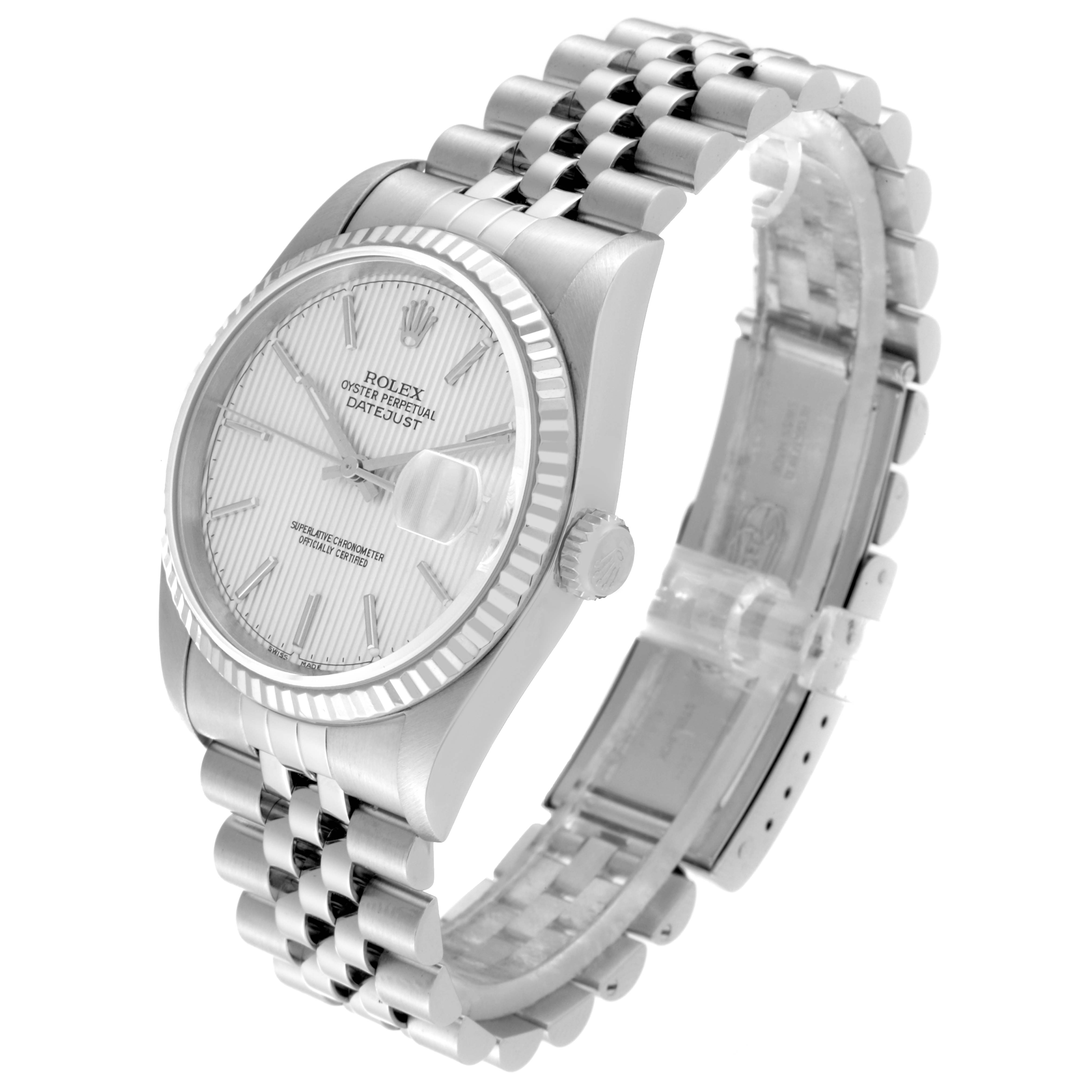 The image shows a Rolex Datejust 16234 Men's Stainless Steel Silver Dial 16234 Men's Stainless Steel Silver Dial watch from a three-quarter angle, highlighting the face, bezel, crown, and jubilee bracelet.
