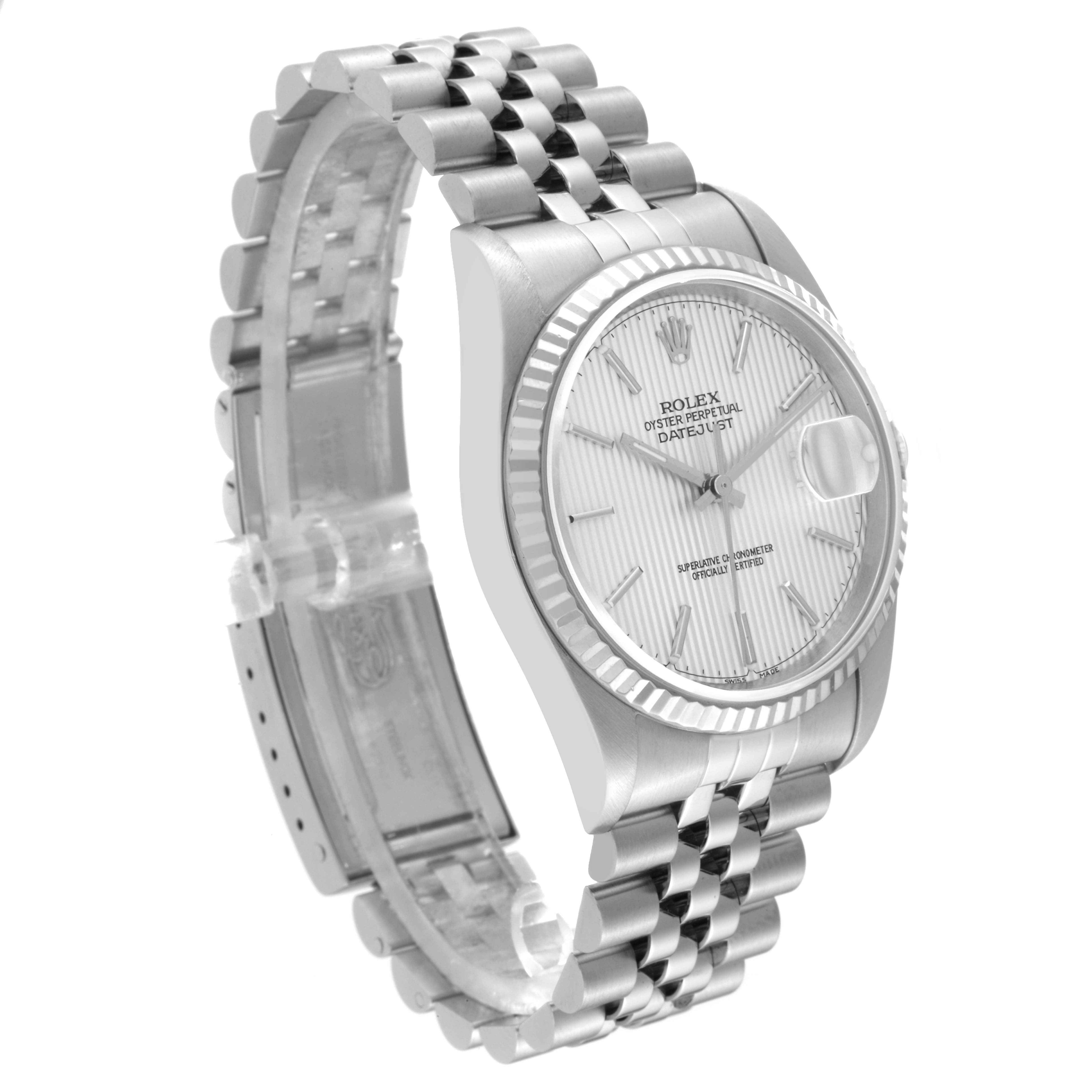 The image shows a Rolex Datejust 16234 Men's Stainless Steel Silver Dial 16234 Men's Stainless Steel Silver Dial watch from a front-side angle highlighting the dial, bracelet, and clasp.