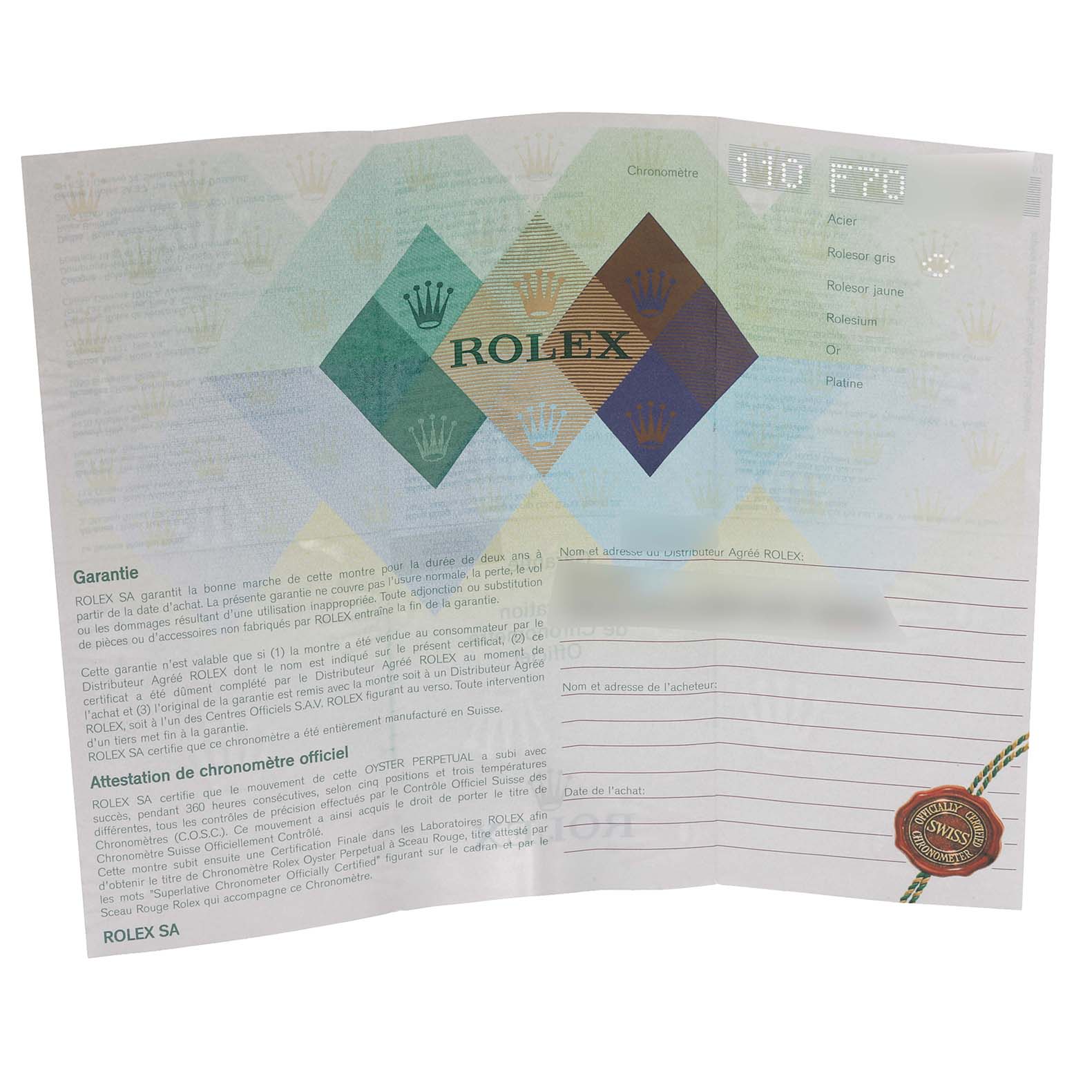 This image shows the guarantee and chronometer certification paperwork for a Rolex Datejust 16234 Men's Stainless Steel Silver Dial 16234 Men's Stainless Steel Silver Dial watch.