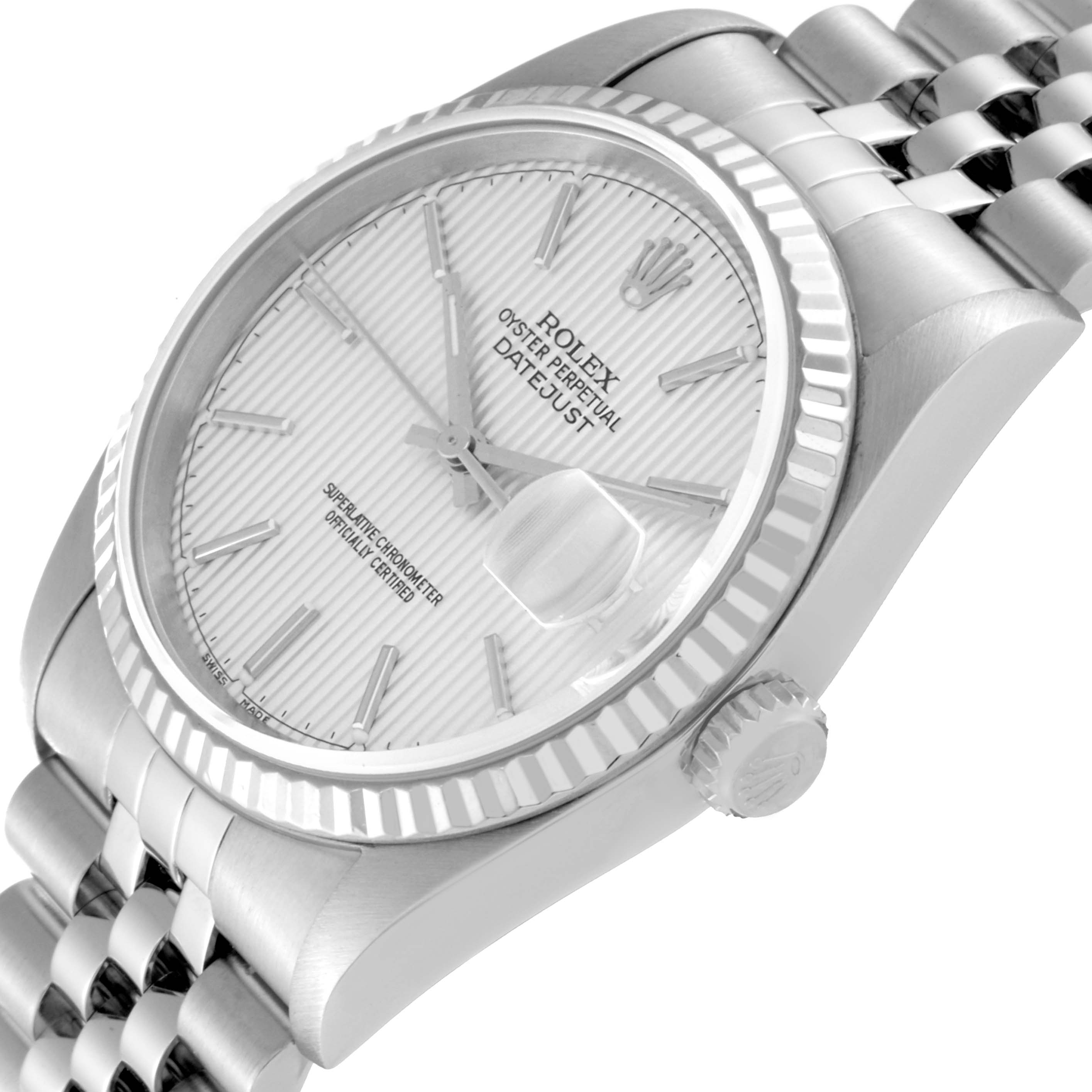The Rolex Datejust 16234 Men's Stainless Steel Silver Dial 16234 Men's Stainless Steel Silver Dial watch is shown at a tilted angle highlighting the dial, bezel, crown, and part of the bracelet.