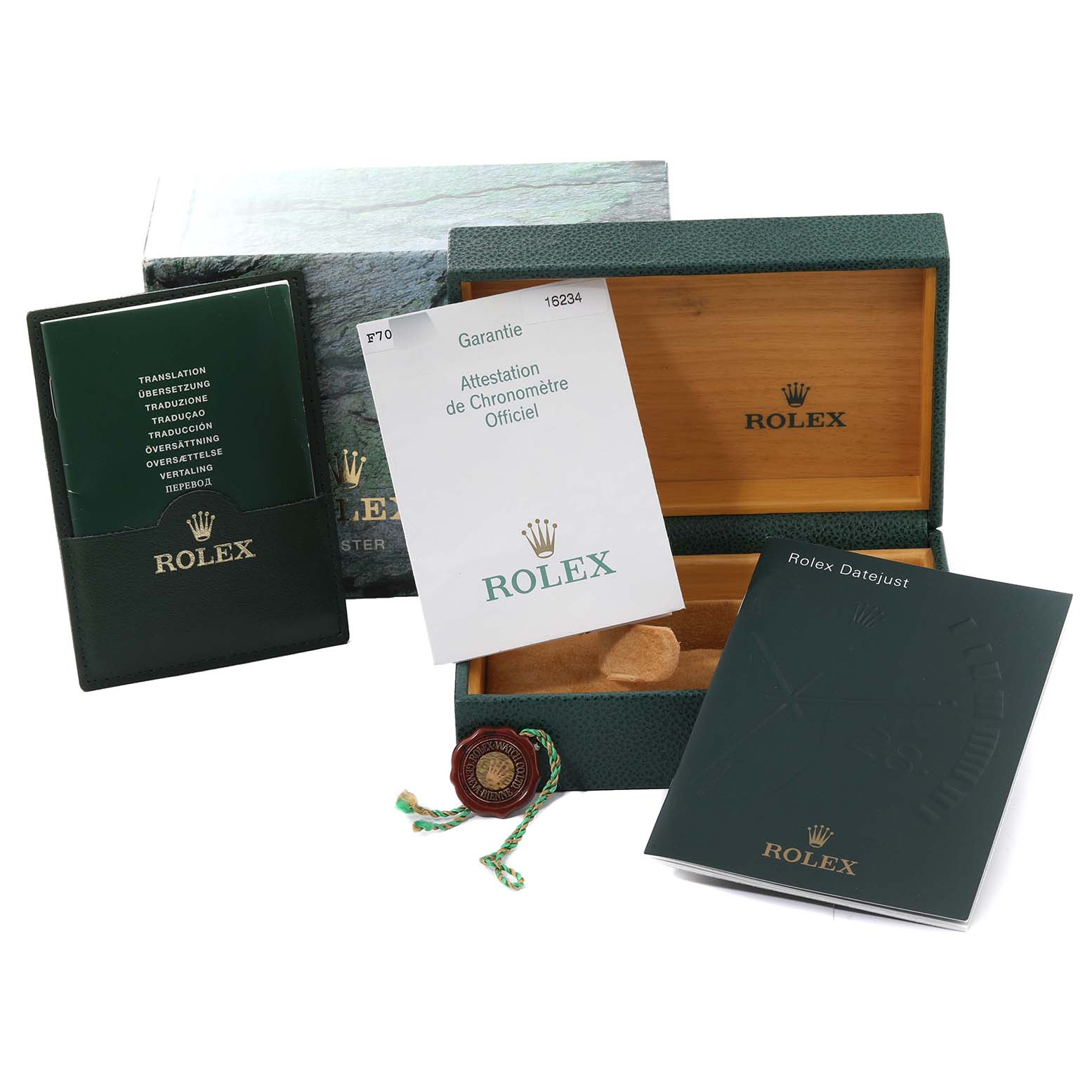 The image shows the packaging, warranty card, manuals, and tags for a Rolex Datejust 16234 Men's Stainless Steel Silver Dial 16234 Men's Stainless Steel Silver Dial watch.