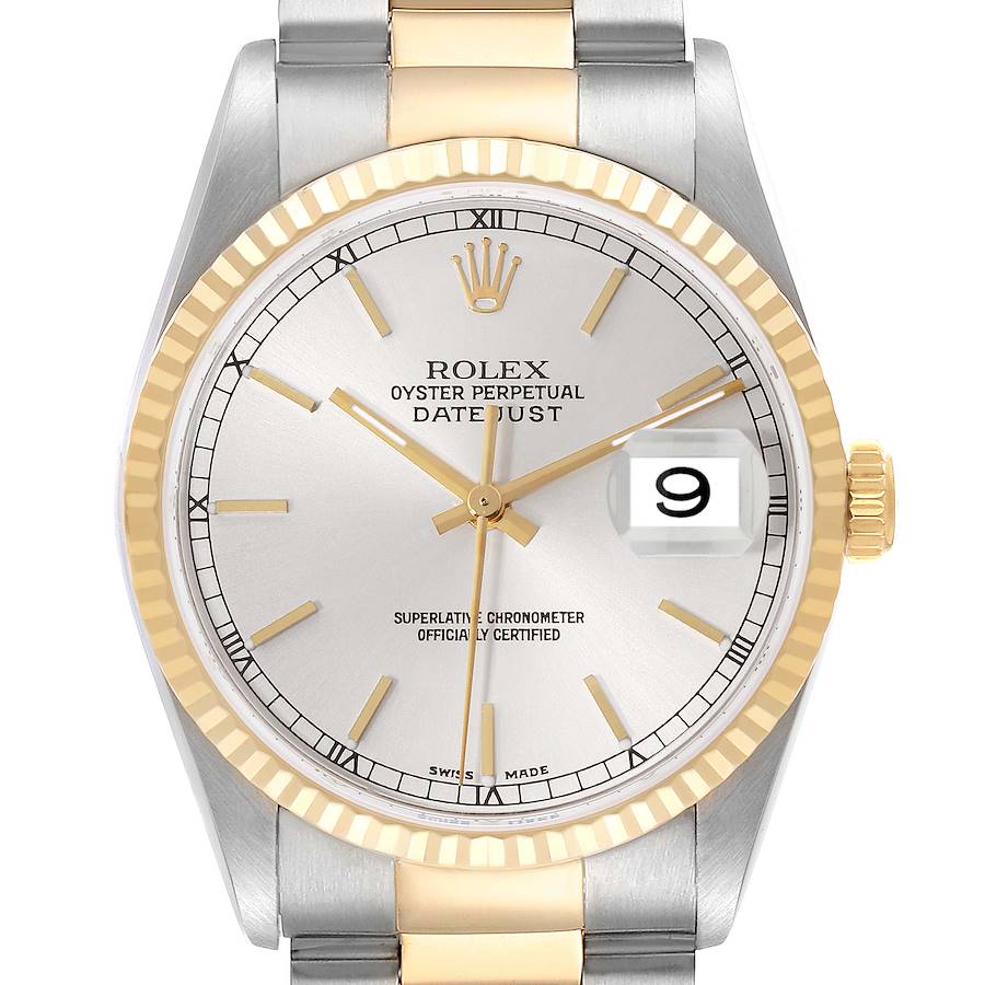 This image shows a front view of a Rolex Datejust watch, highlighting the dial, bezel, and bracelet.