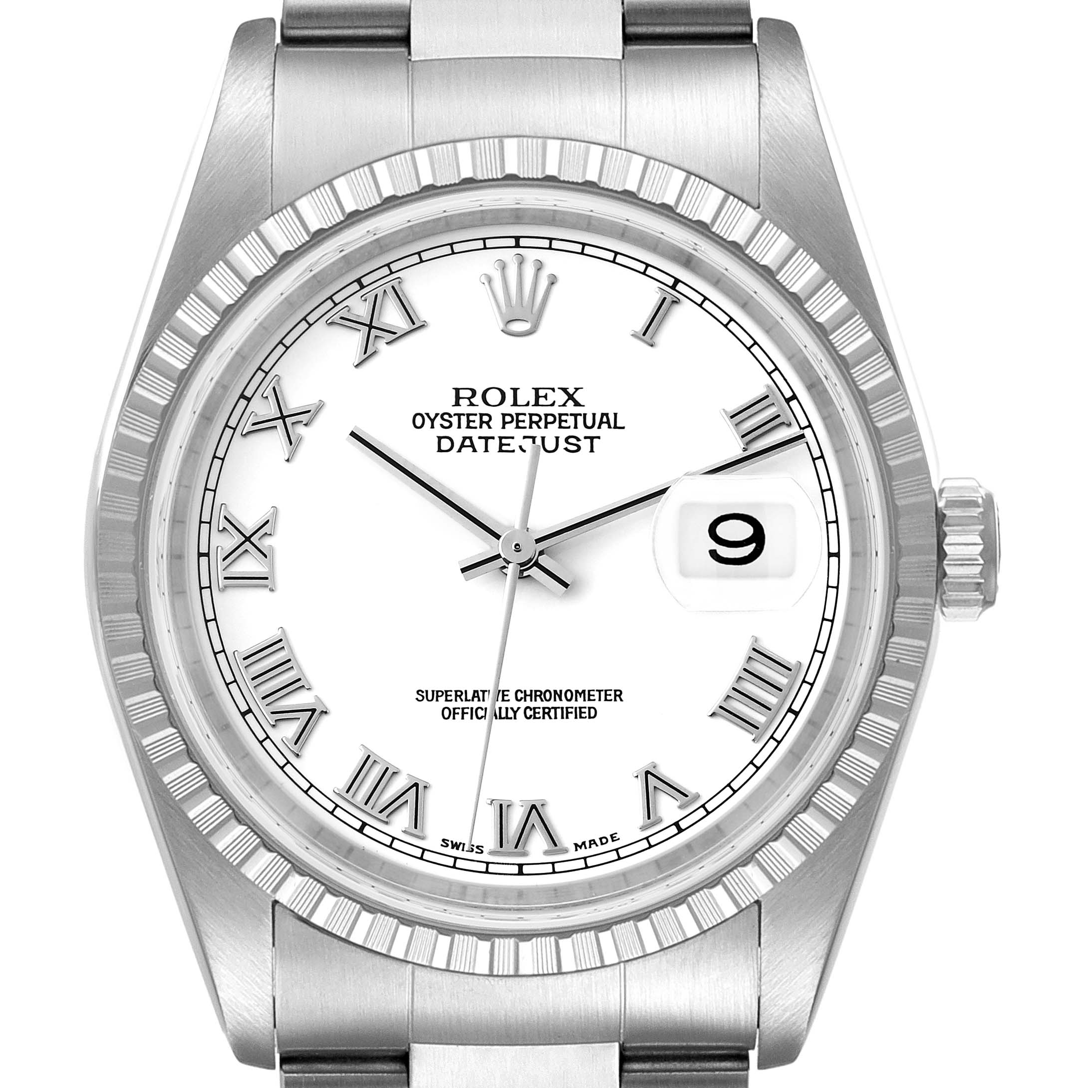 The image shows a front view of a Rolex Datejust 16220 Men's Stainless Steel White Dial 16220 Men's Stainless Steel White Dial watch highlighting the dial, bezel, crown, and part of the bracelet.