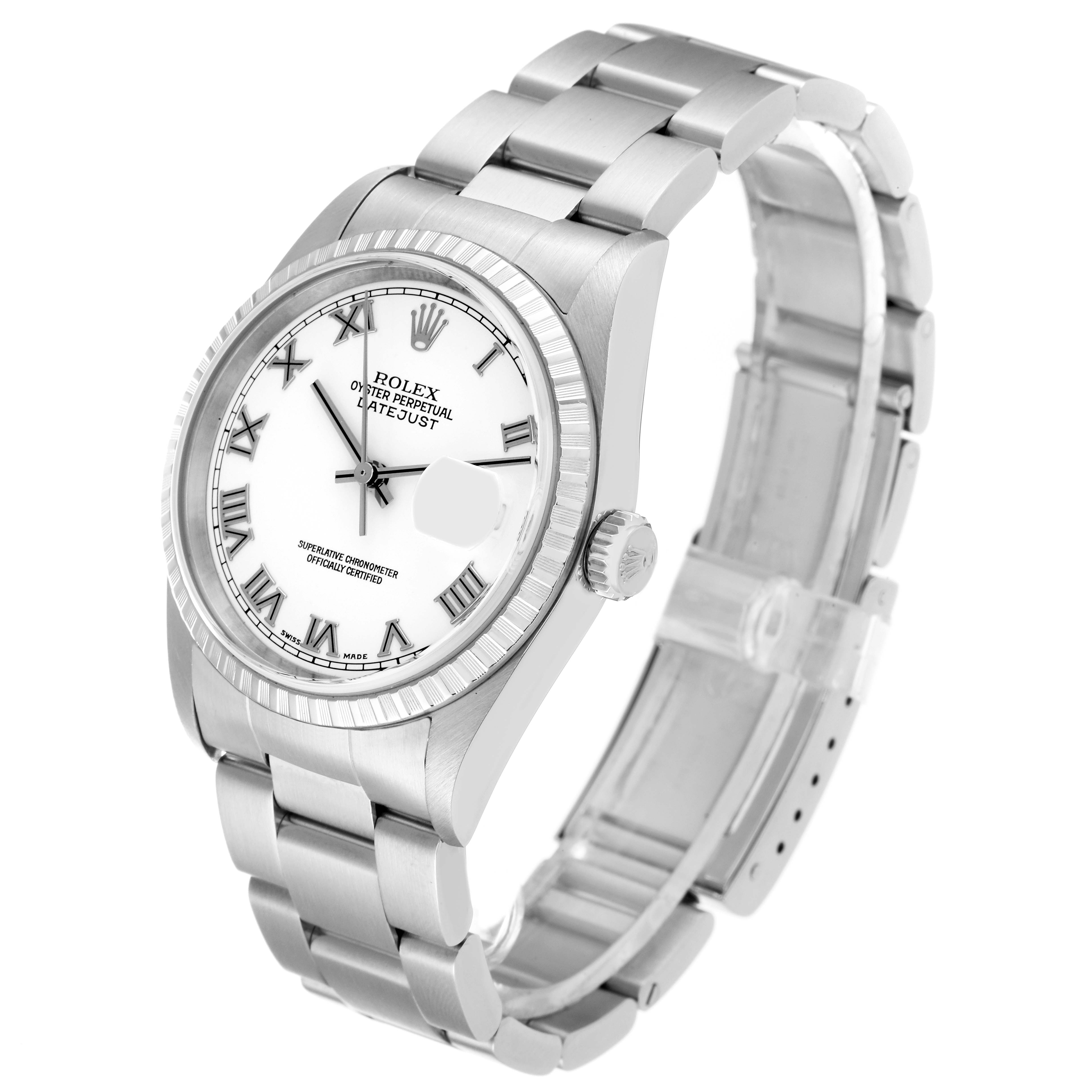 The image shows a Rolex Datejust 16220 Men's Stainless Steel White Dial 16220 Men's Stainless Steel White Dial watch at a three-quarter angle, highlighting the dial, bezel, crown, and bracelet.