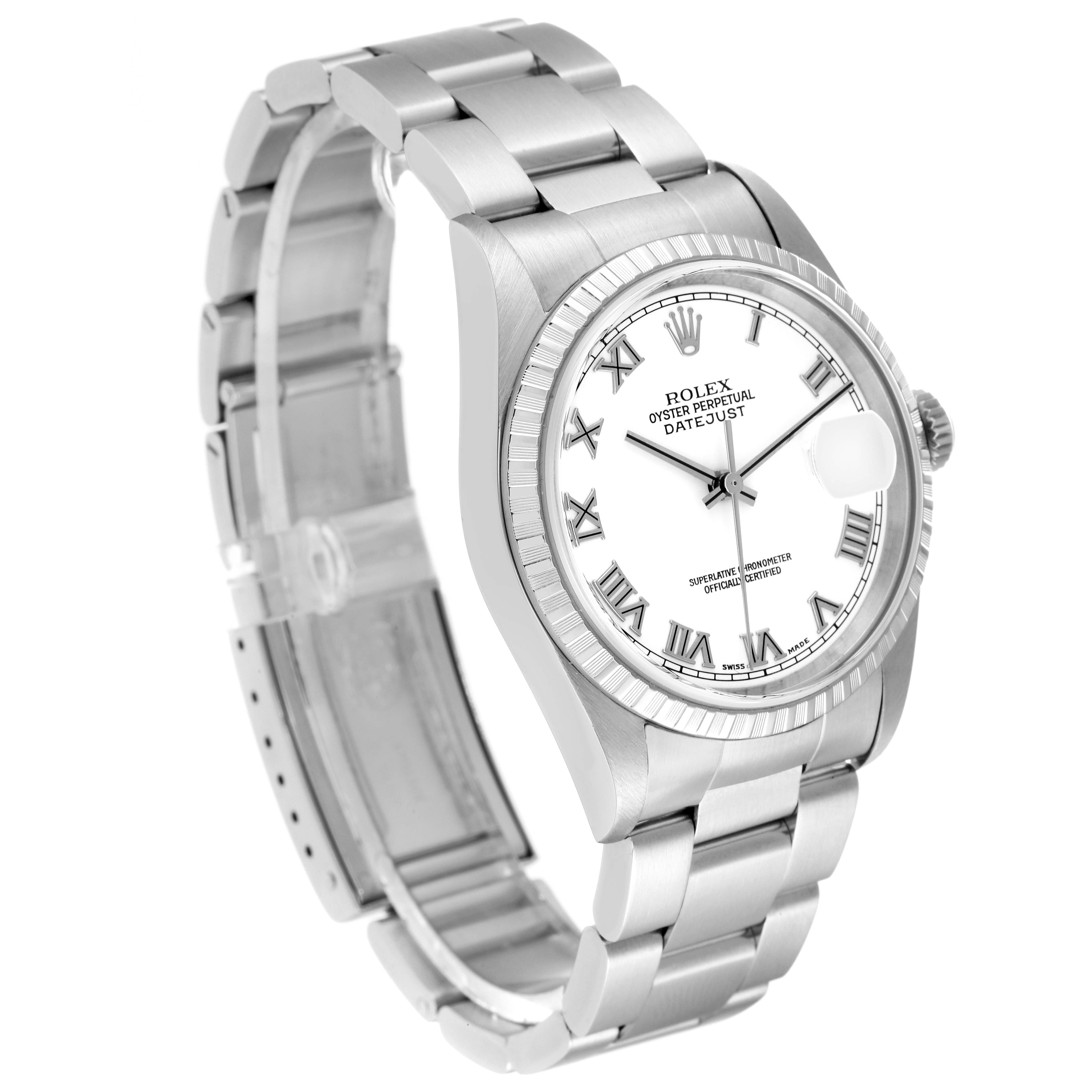 The image shows a side angle of a Rolex Datejust 16220 Men's Stainless Steel White Dial 16220 Men's Stainless Steel White Dial watch, highlighting the bracelet, case, dial, and fluted bezel.