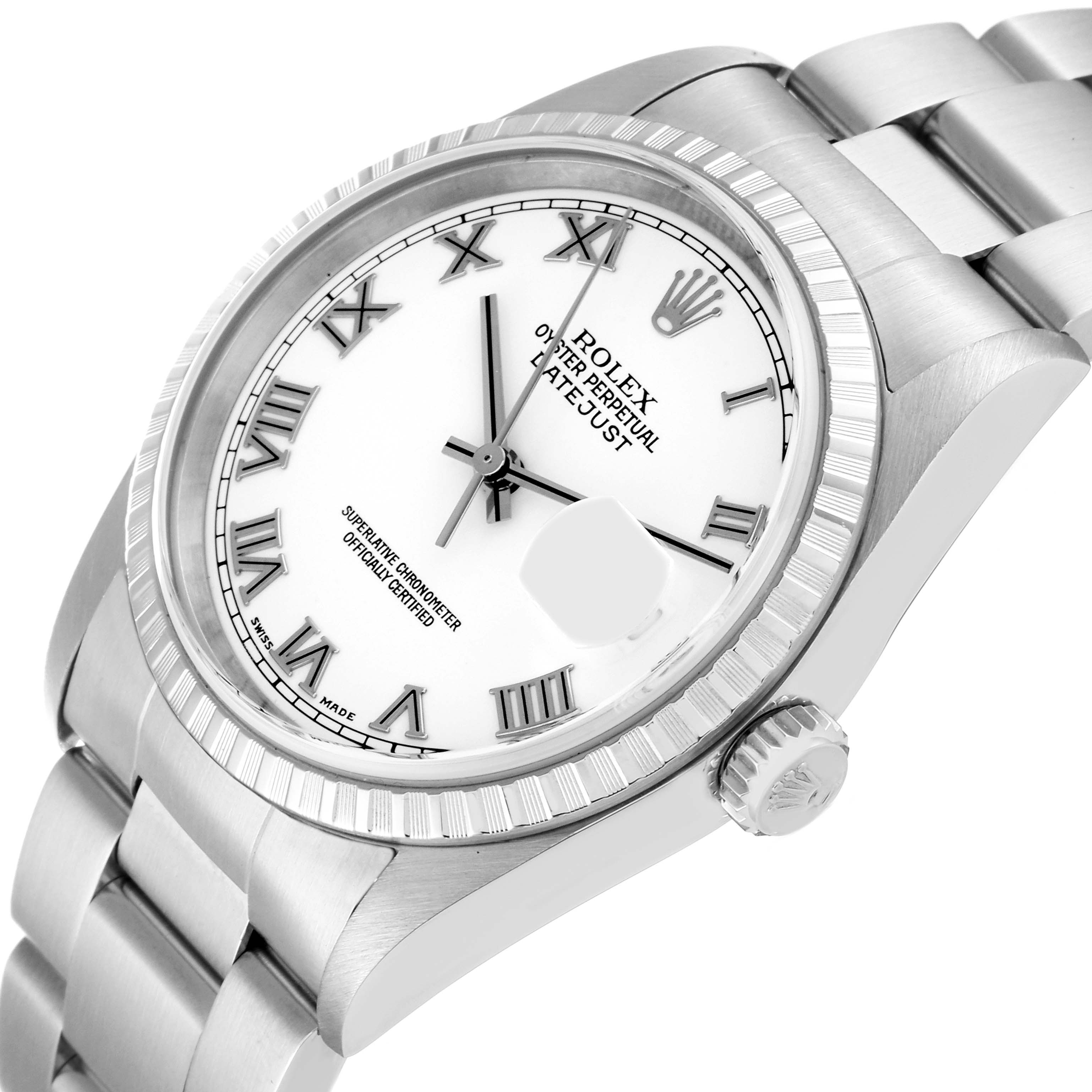 The image shows a close-up, angled view of a Rolex Datejust 16220 Men's Stainless Steel White Dial 16220 Men's Stainless Steel White Dial watch highlighting its white dial, Roman numerals, fluted bezel, and bracelet.