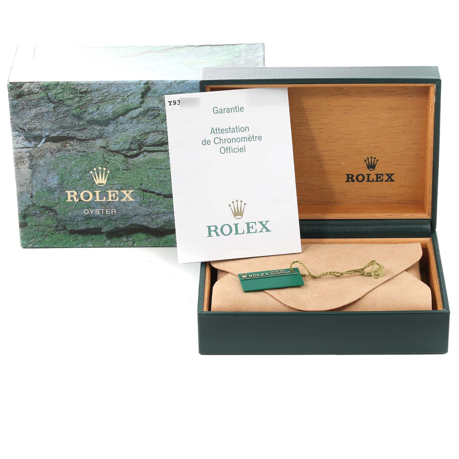 The image shows the packaging of a Rolex Datejust 16220 Men's Stainless Steel White Dial 16220 Men's Stainless Steel White Dial watch, including the box, a tag, and a warranty card.