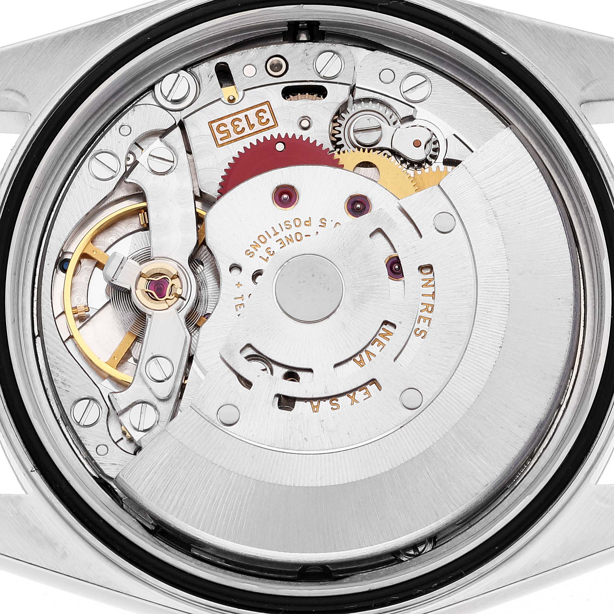 This image shows the internal movement mechanism of a Rolex Datejust 16220 Men's Stainless Steel White Dial 16220 Men's Stainless Steel White Dial watch from a close-up, backside angle.