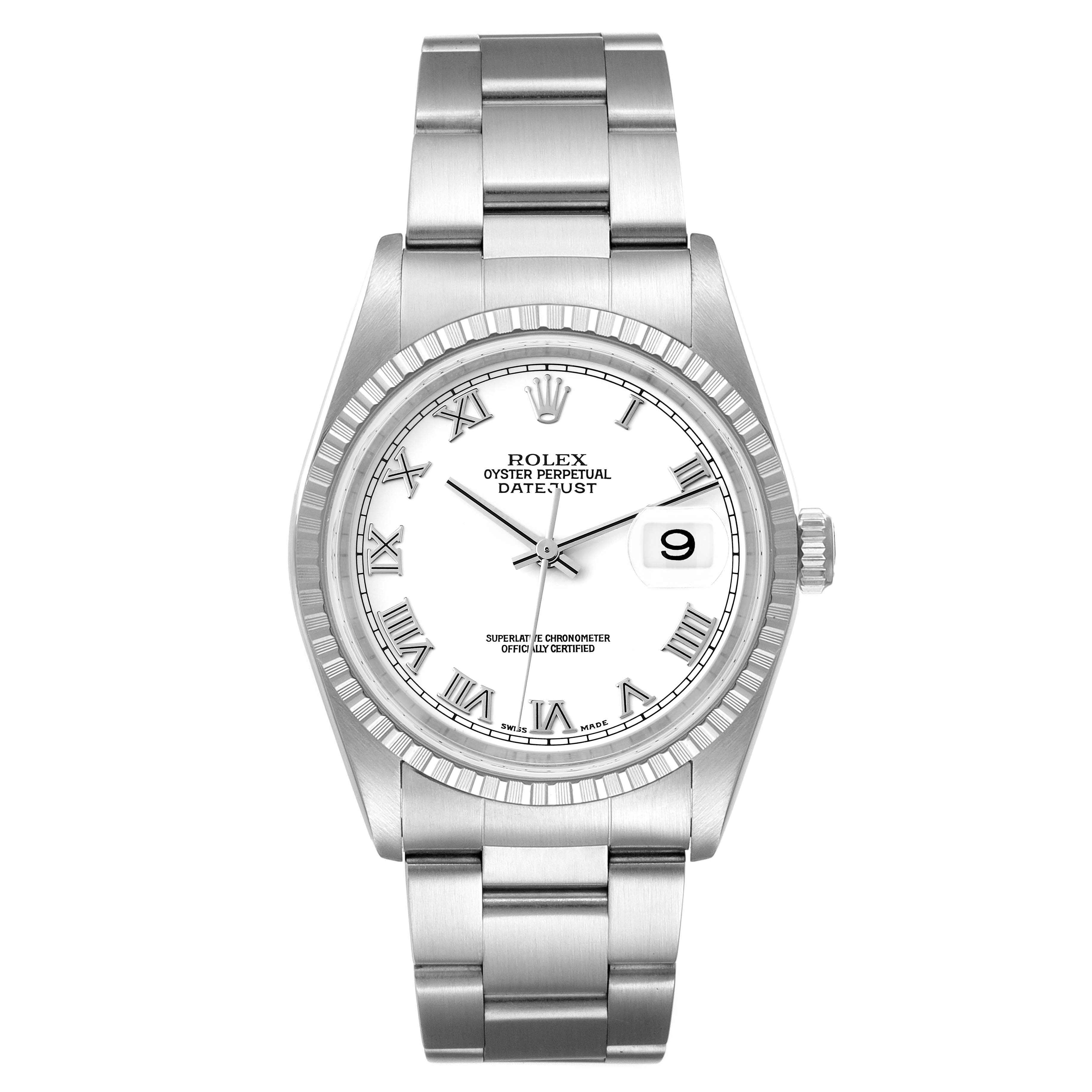 The image shows a front view of the Rolex Datejust 16220 Men's Stainless Steel White Dial 16220 Men's Stainless Steel White Dial watch, highlighting the dial, bezel, bracelet, and date window.