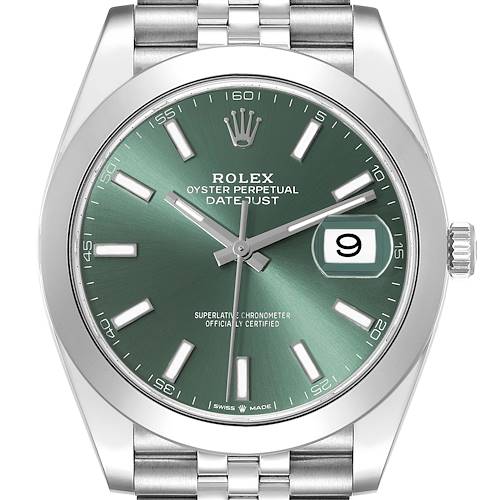 This image shows a front view of a Rolex Datejust 41 watch, highlighting the green dial, date window, and stainless steel bracelet.