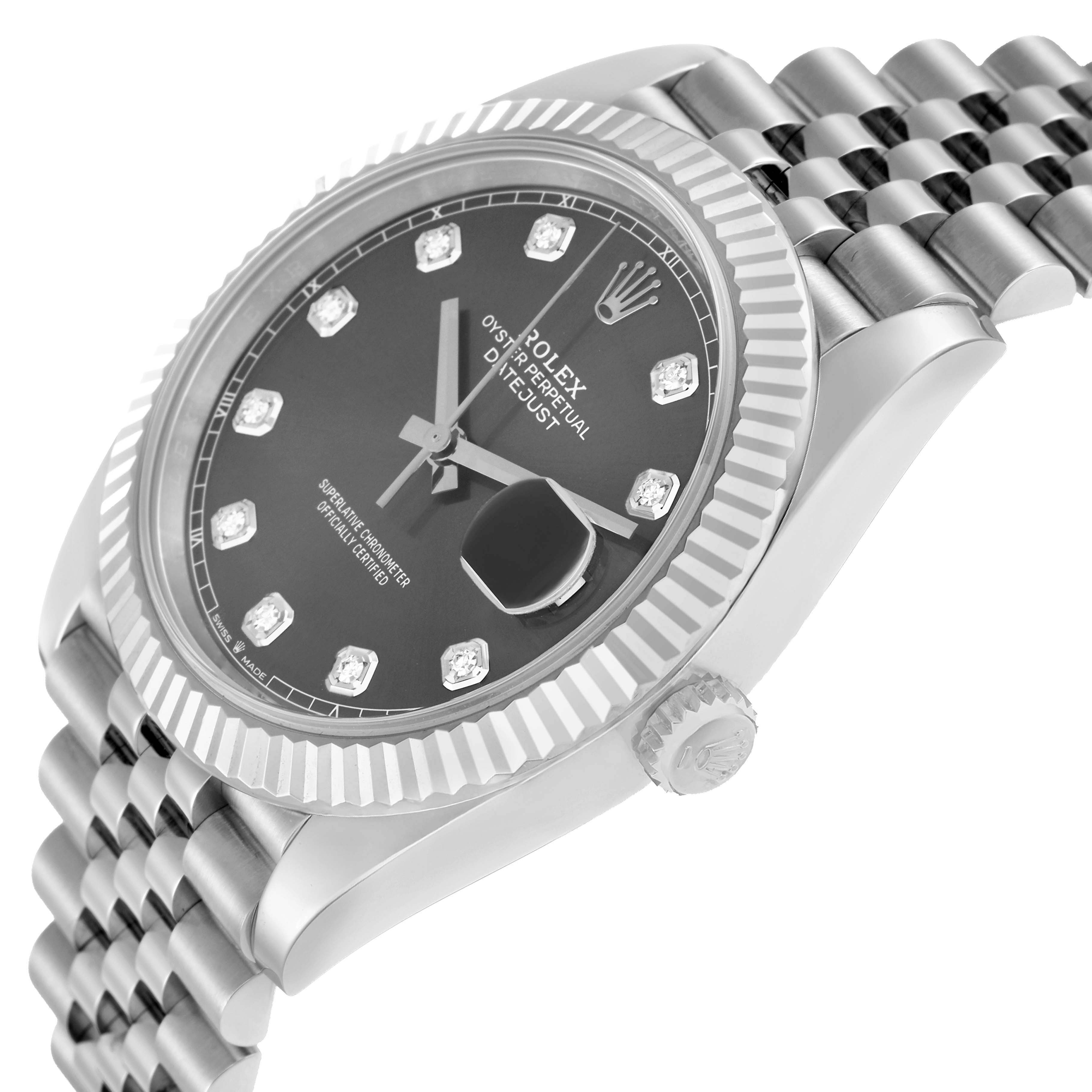 The Rolex Datejust 41 126334 Men
s Stainless Steel Grey Dial is shown at an angled side view, highlighting the dial, fluted bezel, crown, and part of the jubilee bracelet.