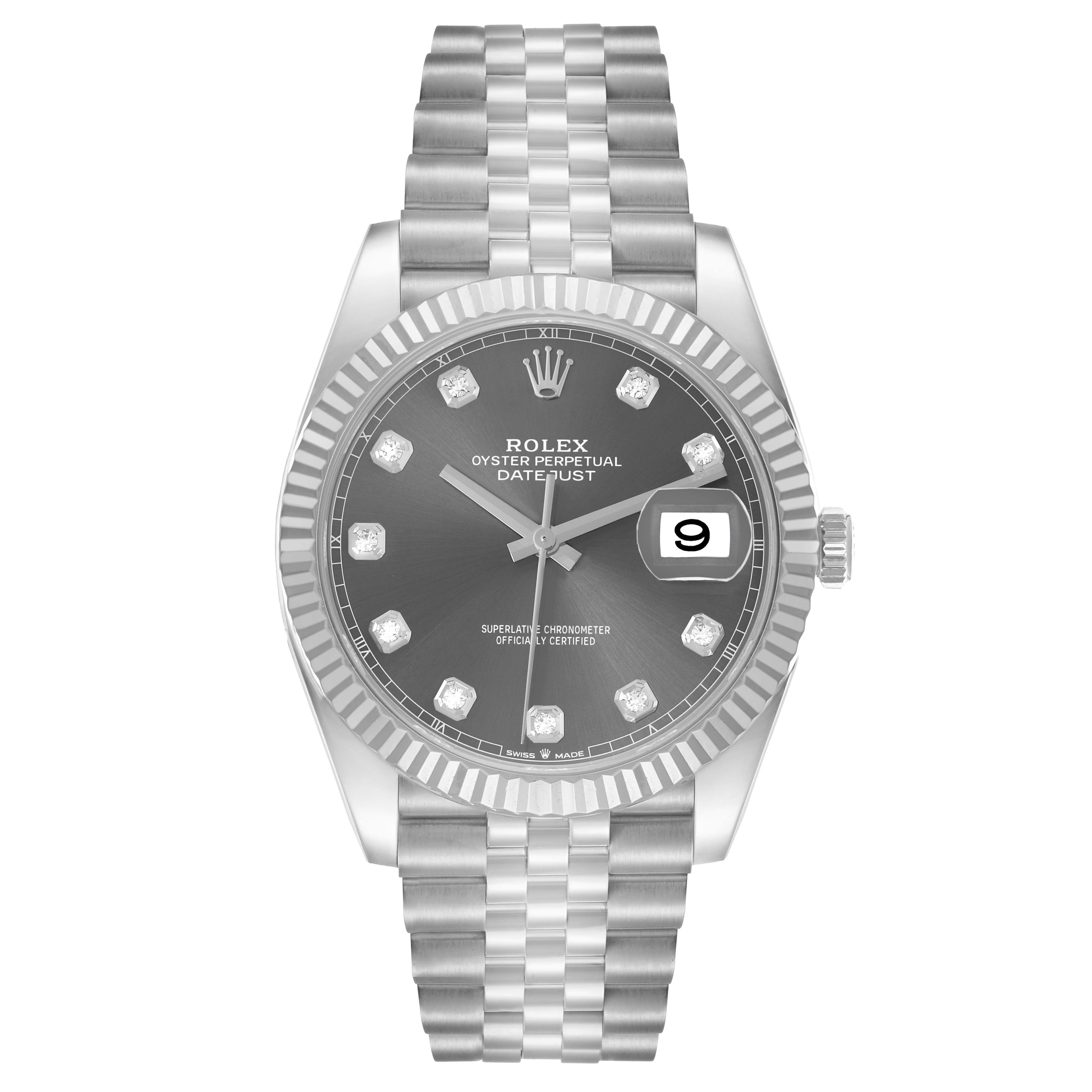 The Rolex Datejust 41 126334 Men
s Stainless Steel Grey Dial is shown from a front angle, displaying the dial, bezel, hands, and bracelet.