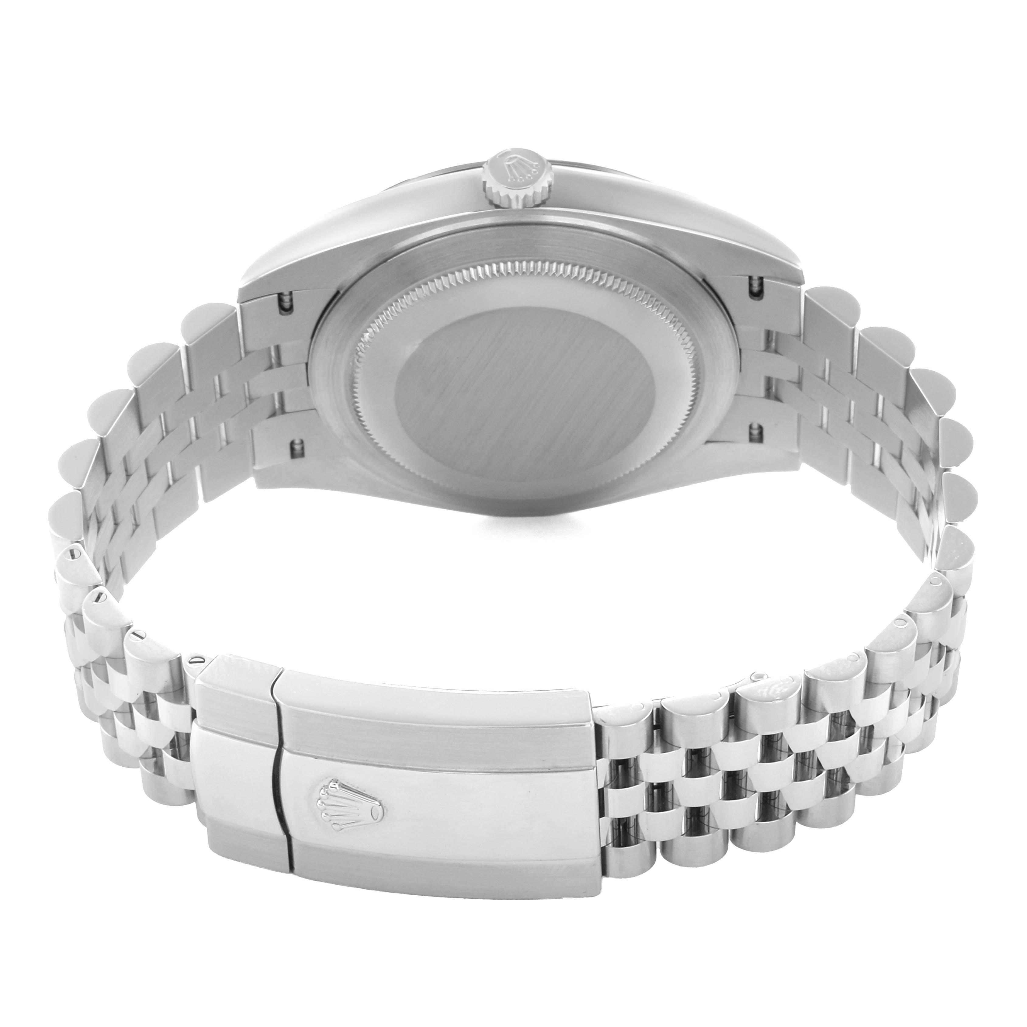 The Rolex Datejust 41 126334 Men
s Stainless Steel Grey Dial is shown from the back, highlighting its case back and steel bracelet with clasp.