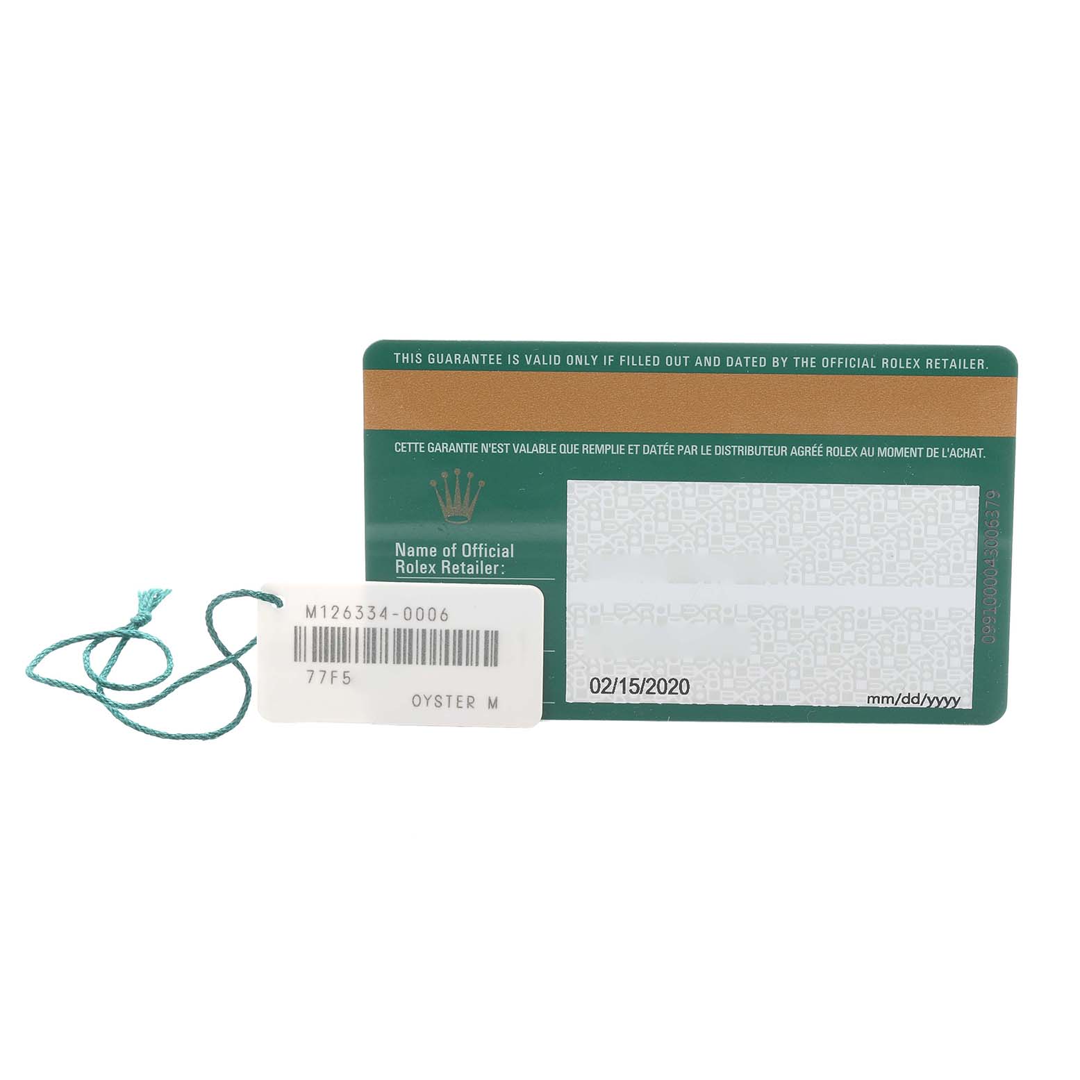 The image shows a Rolex Datejust 41 126334 Men
s Stainless Steel Grey Dial model warranty card and a white tag with string from a top view.