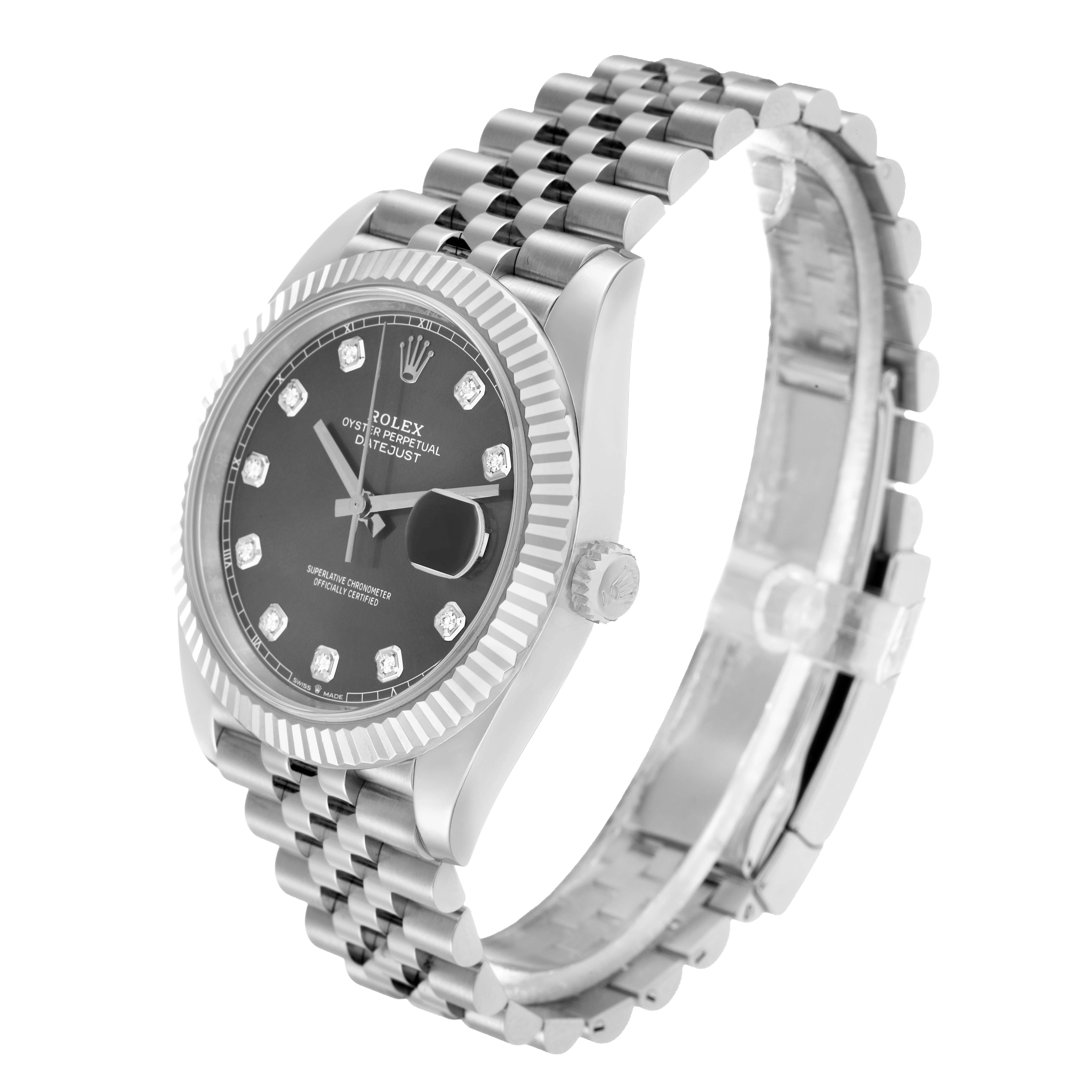 The Rolex Datejust 41 126334 Men
s Stainless Steel Grey Dial is shown at a slight angle, highlighting the dial, bezel, crown, and bracelet.