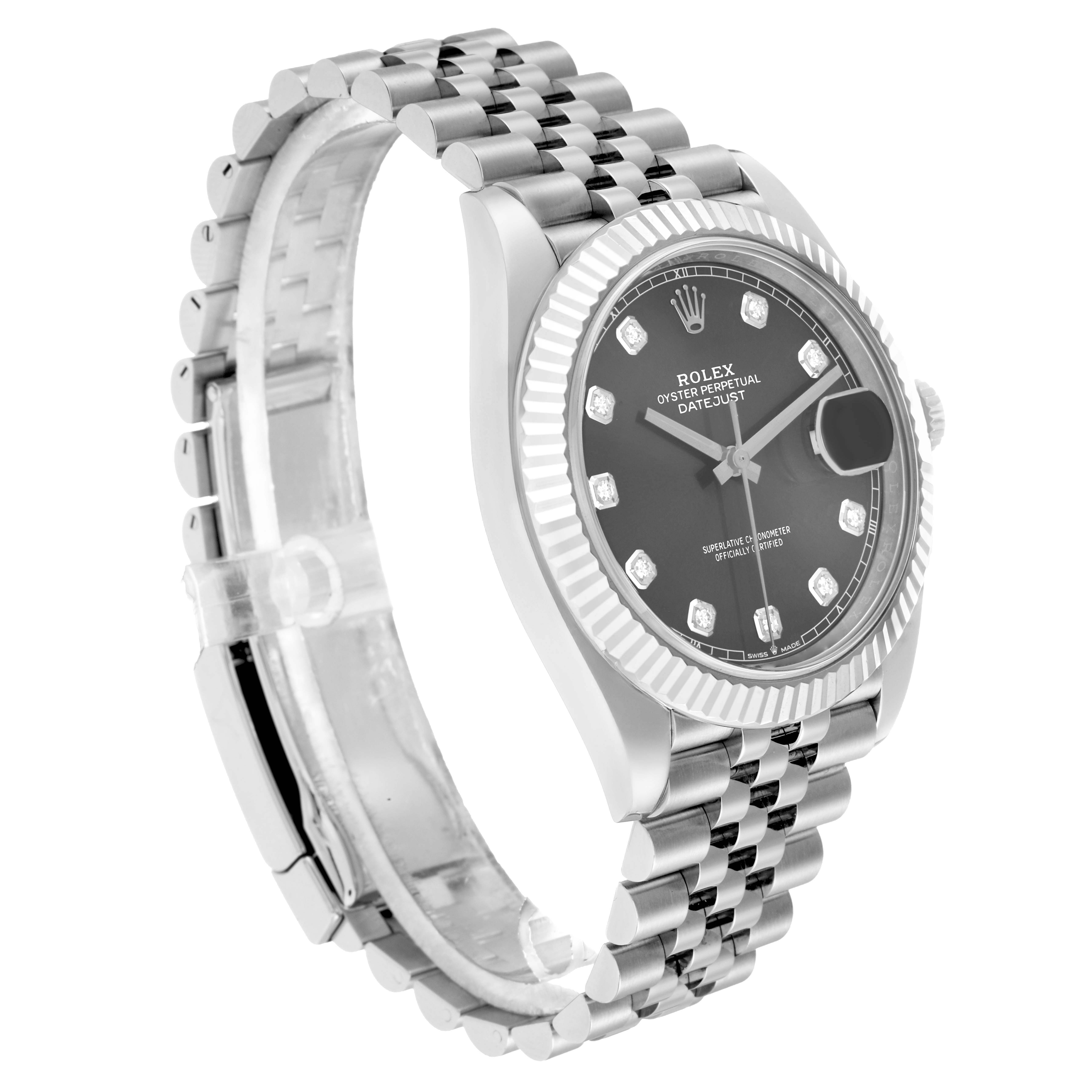 The Rolex Datejust 41 126334 Men
s Stainless Steel Grey Dial is shown at an angle highlighting the face, fluted bezel, and Jubilee bracelet.