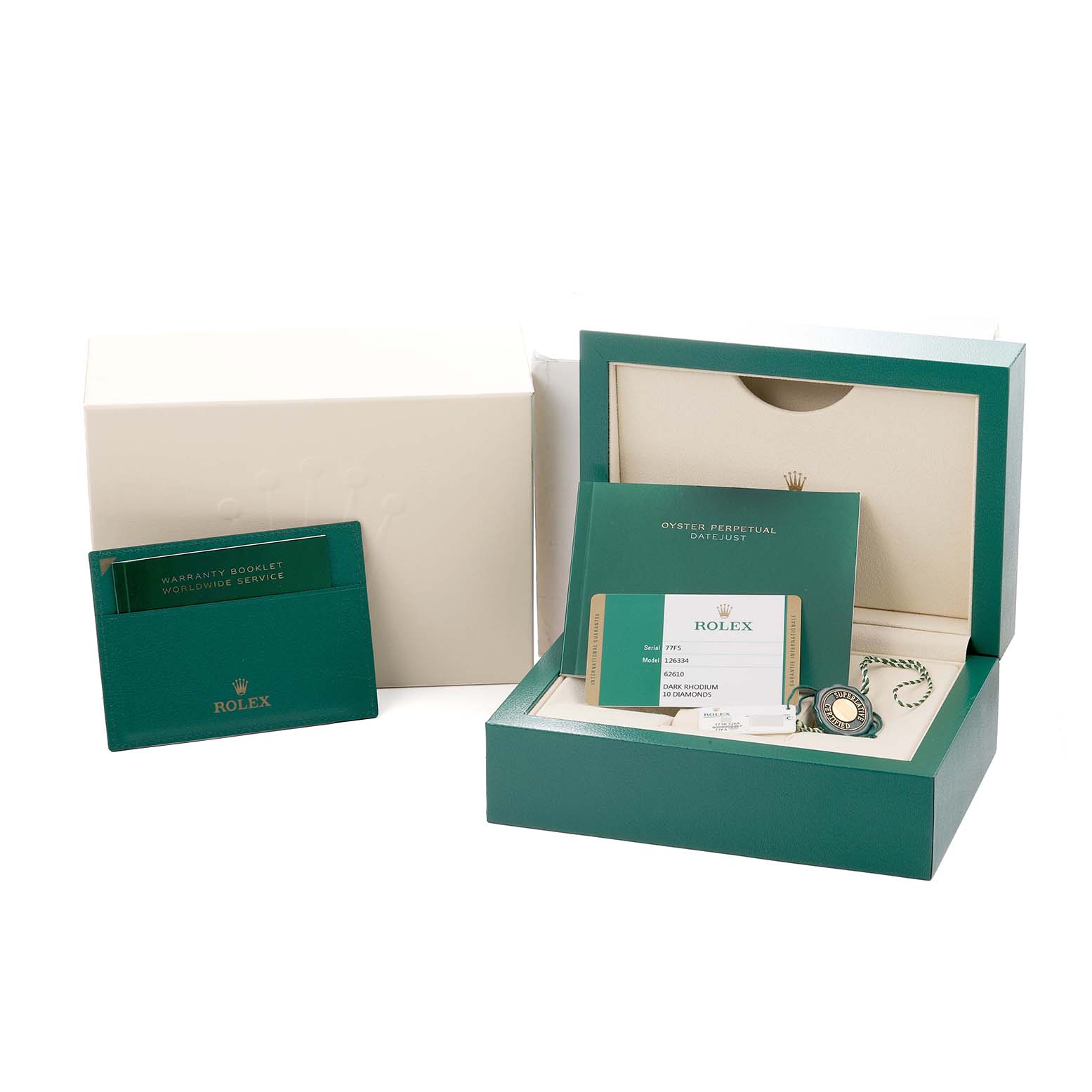 The image shows the packaging and accessories for a Rolex Datejust 41 126334 Men
s Stainless Steel Grey Dial, including the box, warranty booklet, and Best Quality
ation card.