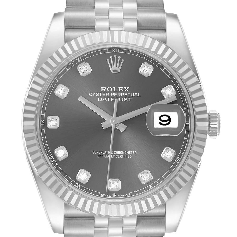 The image shows a frontal view of the Rolex Datejust 41 126334 Men's Stainless Steel Grey Dial watch, highlighting the dial, fluted bezel, and Jubilee bracelet.