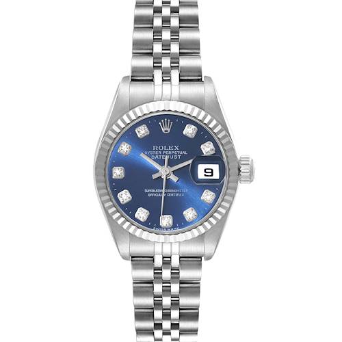 The image shows a Rolex Datejust watch from a frontal angle, highlighting its blue dial, date window, and jubilee bracelet.