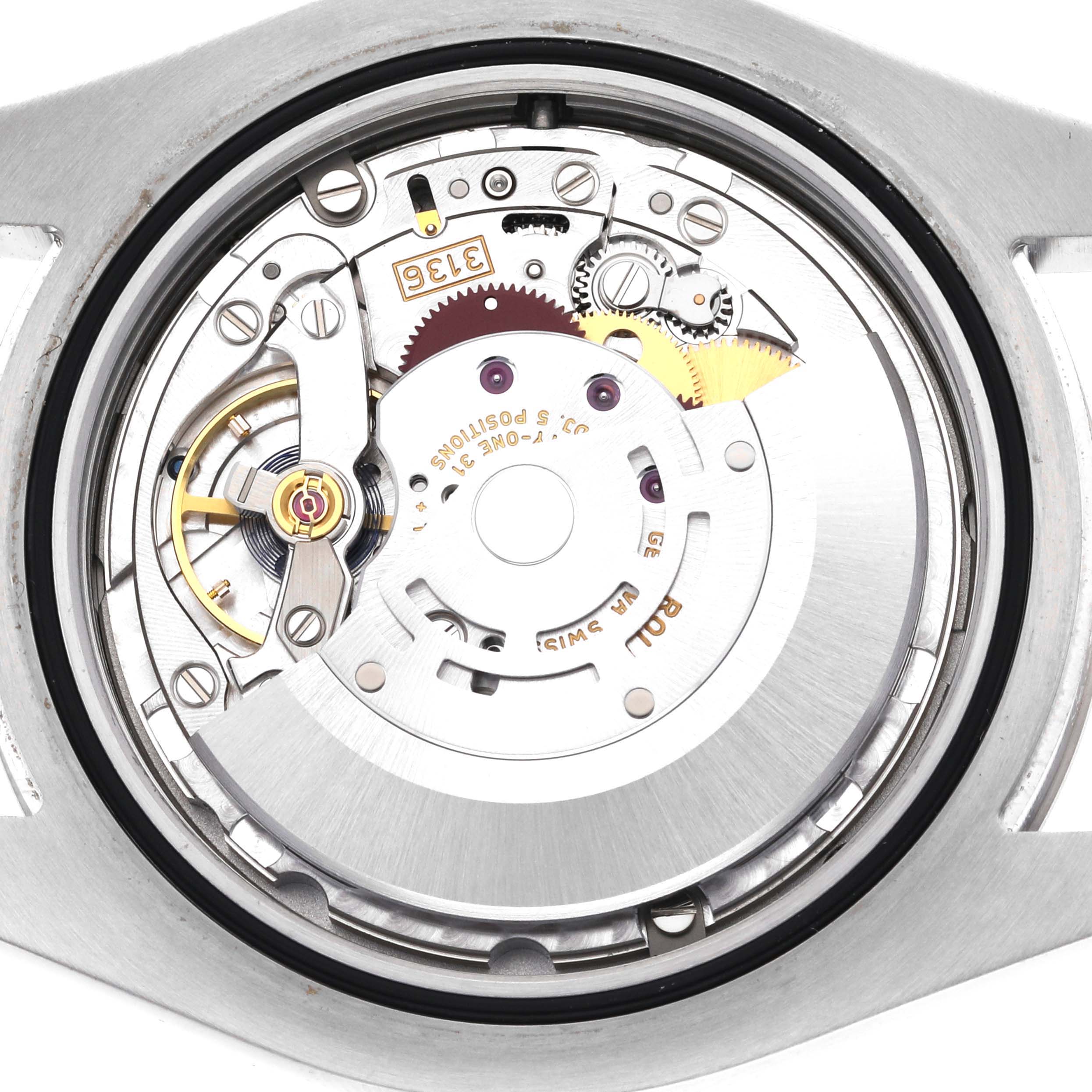 This image shows the movement and internal mechanics of the Rolex Datejust 41 116334 Men
s Stainless Steel Grey Dial 116334 Men
s Stainless Steel Grey Dial model from a rear, open caseback angle.