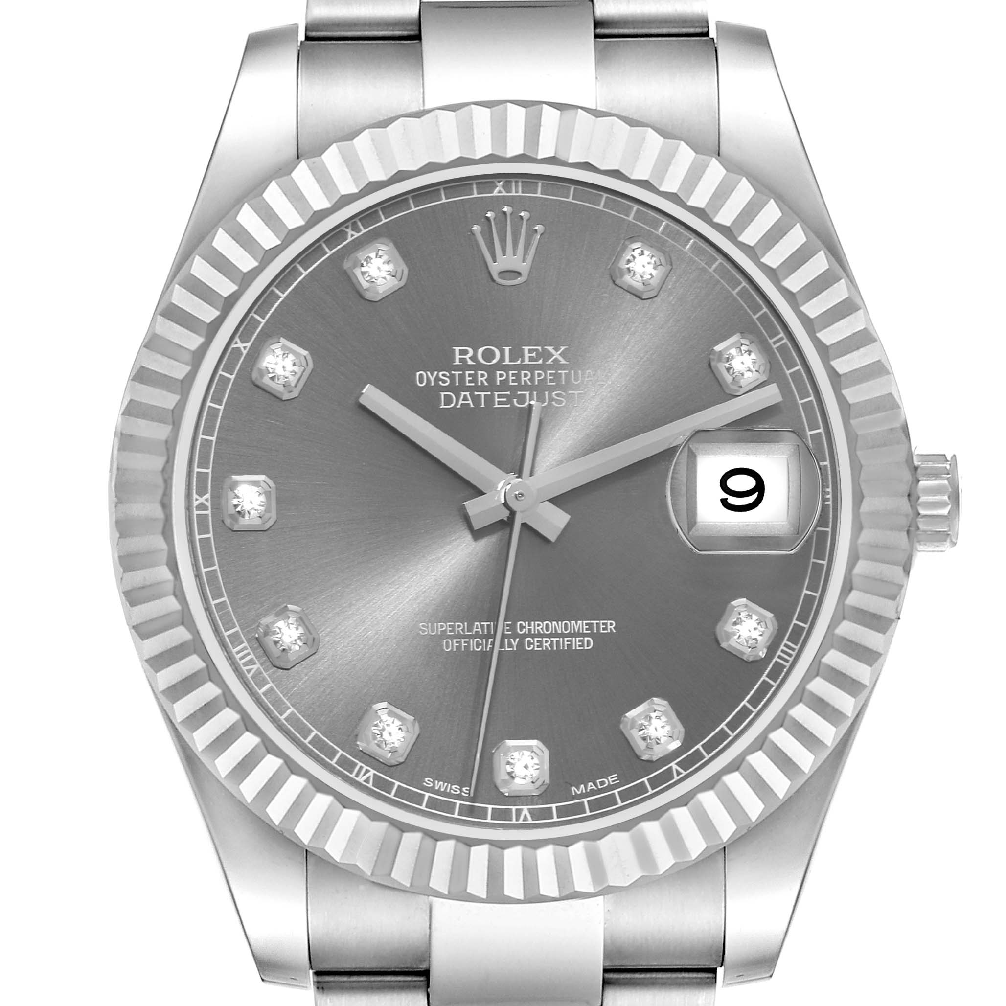 This is a front view of the Rolex Datejust 41 116334 Men
s Stainless Steel Grey Dial 116334 Men
s Stainless Steel Grey Dial watch, showcasing its dial, hands, date window, and fluted bezel.