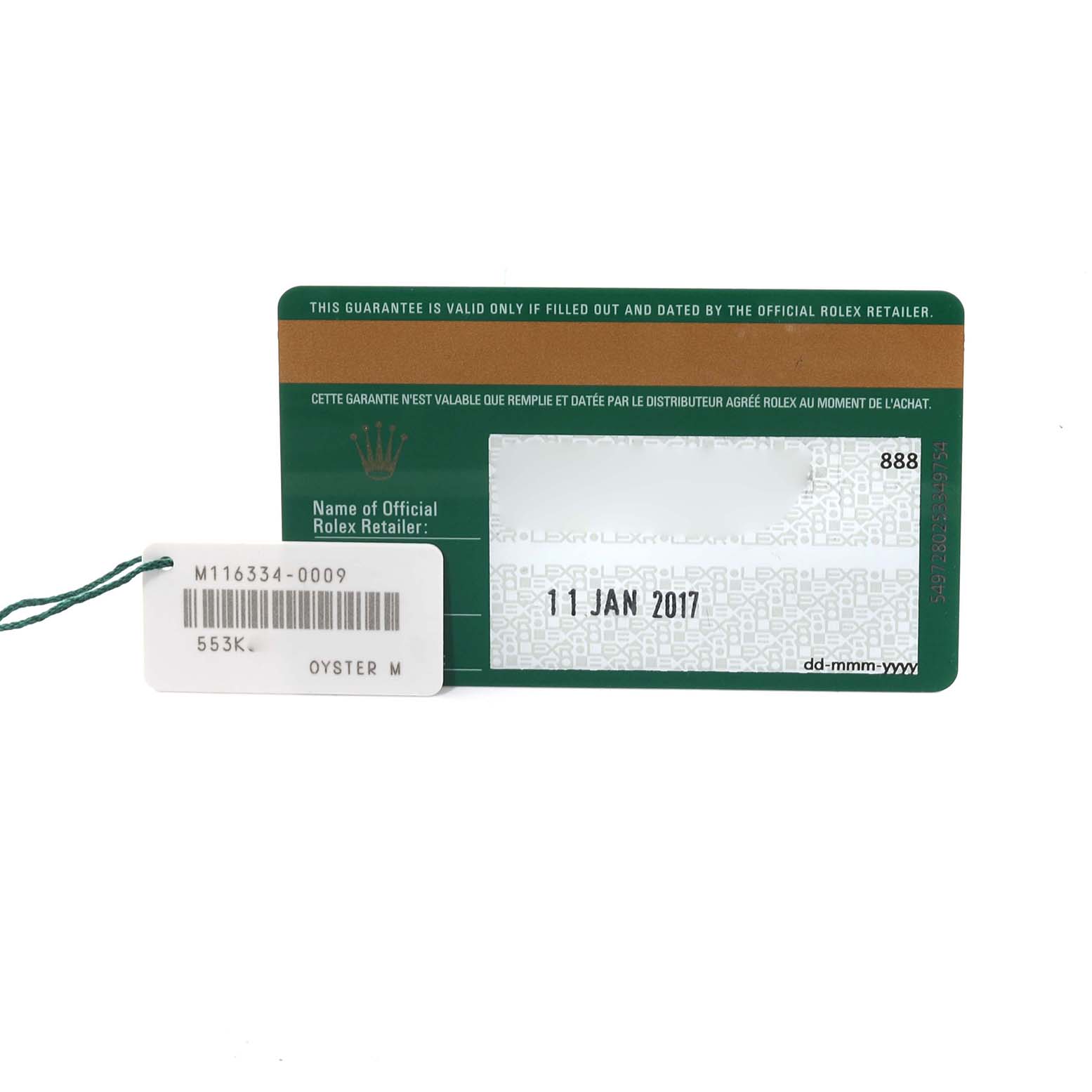 The image shows a warranty card and a tag for the Rolex Datejust 41 116334 Men
s Stainless Steel Grey Dial 116334 Men
s Stainless Steel Grey Dial model.