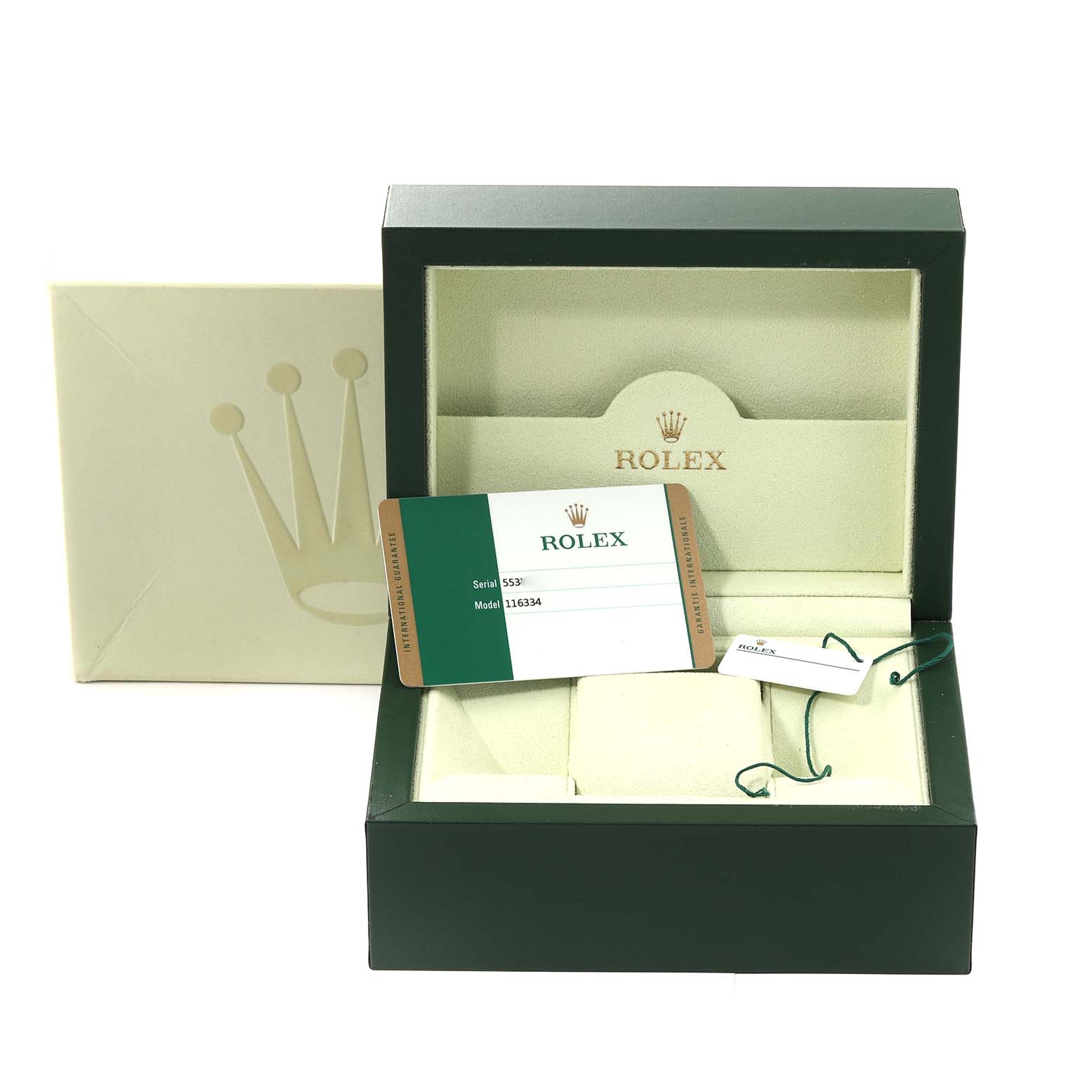 The image shows the packaging, warranty card, and tags for a Rolex Datejust 41 116334 Men
s Stainless Steel Grey Dial 116334 Men
s Stainless Steel Grey Dial model.