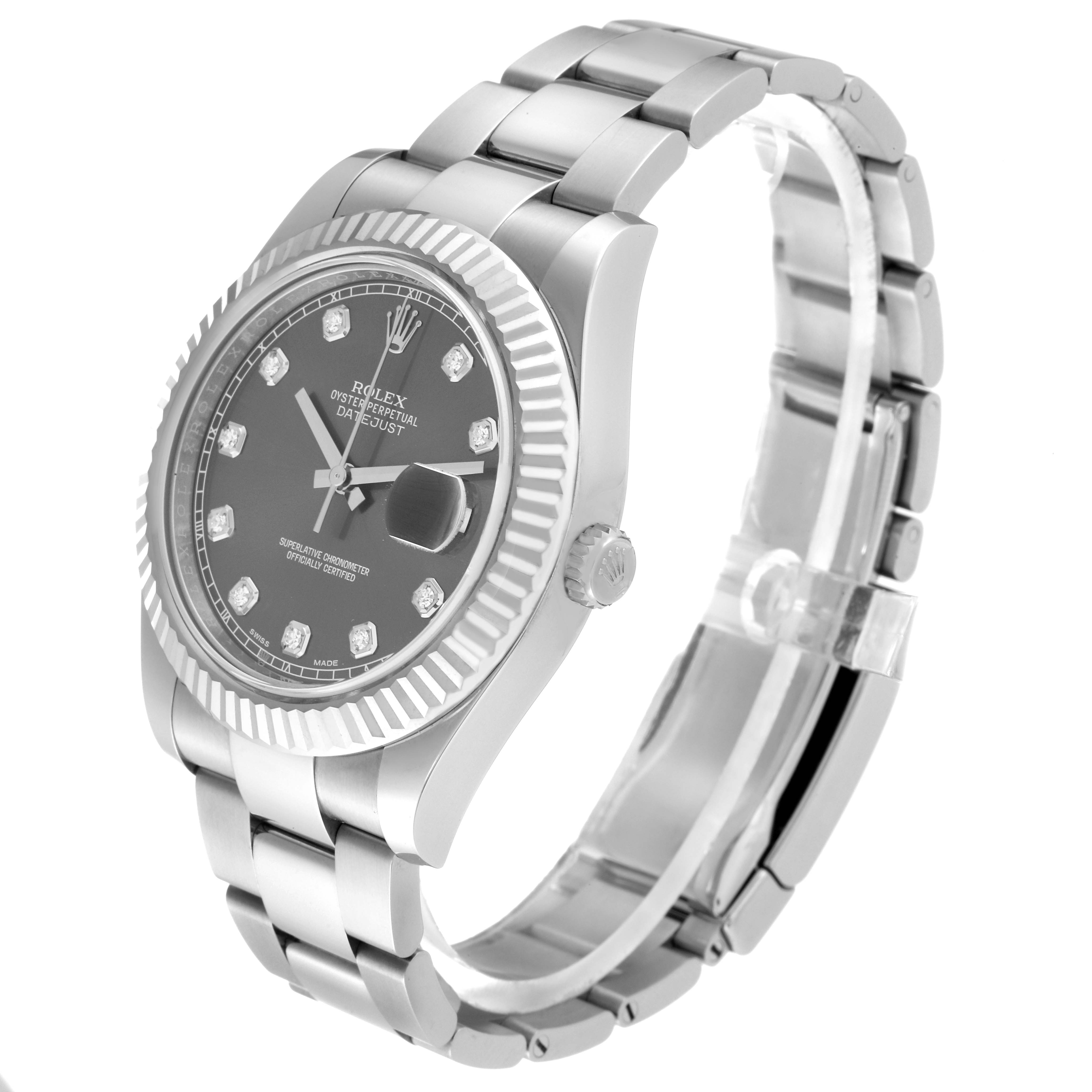 This image shows a Rolex Datejust 41 116334 Men
s Stainless Steel Grey Dial 116334 Men
s Stainless Steel Grey Dial watch from a slight side angle, featuring the dial, bezel, crown, and part of the bracelet.