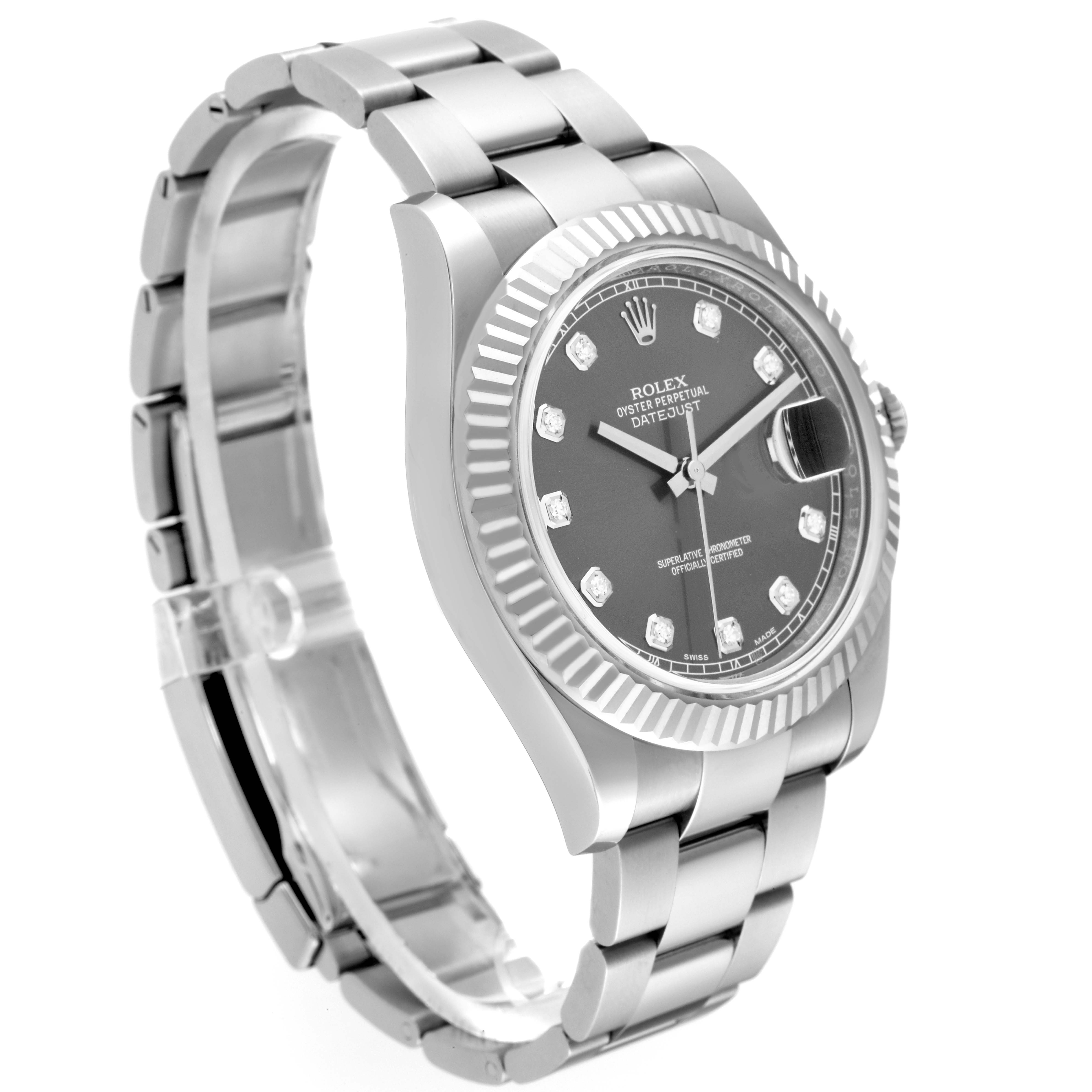This image shows a side angle of the Rolex Datejust 41 116334 Men
s Stainless Steel Grey Dial 116334 Men
s Stainless Steel Grey Dial, focusing on the dial, bezel, and bracelet.