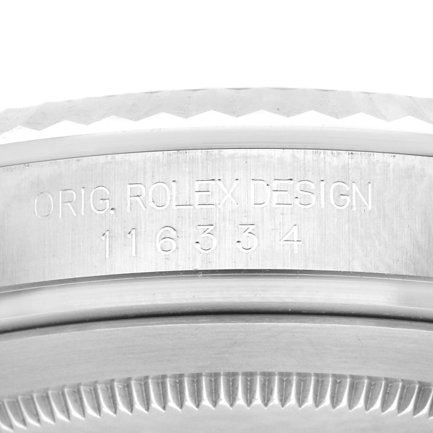 This image shows a close-up of the engraved case side of the Rolex Datejust 41 116334 Men
s Stainless Steel Grey Dial 116334 Men
s Stainless Steel Grey Dial watch.