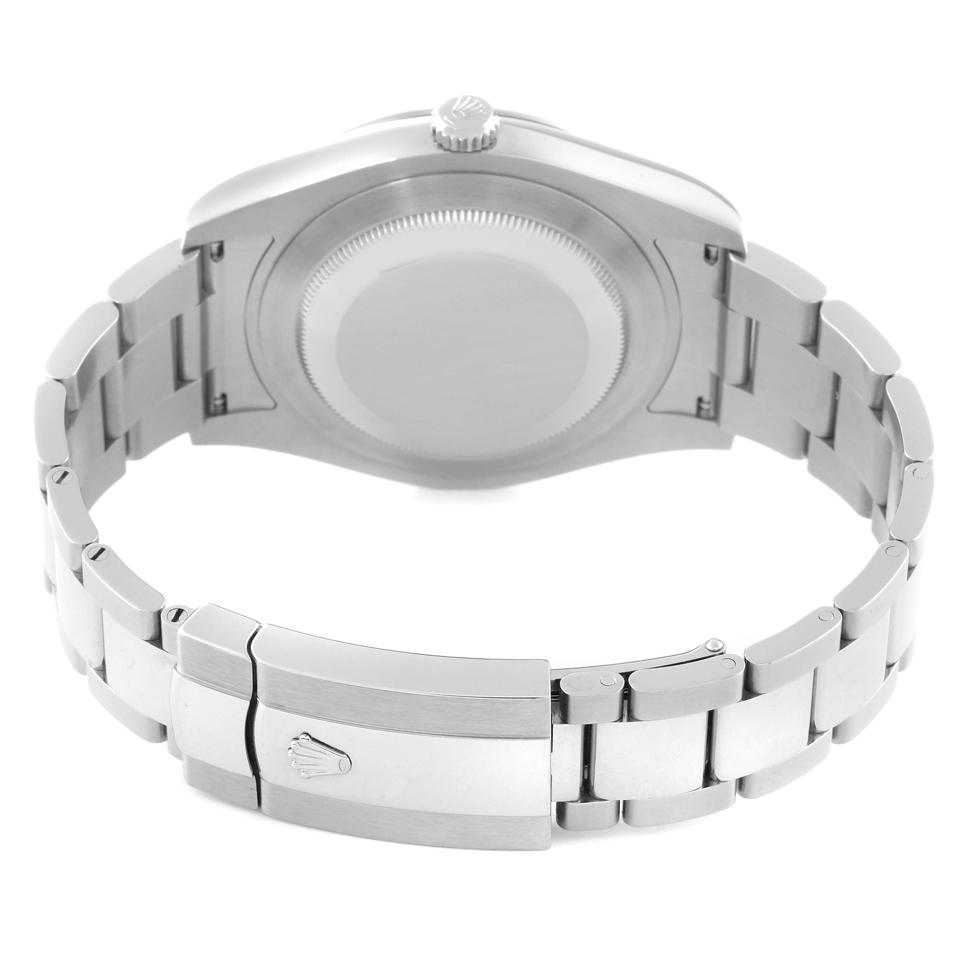 This image shows the backside and the clasp of a Rolex Datejust 41 116334 Men
s Stainless Steel Grey Dial 116334 Men
s Stainless Steel Grey Dial watch.