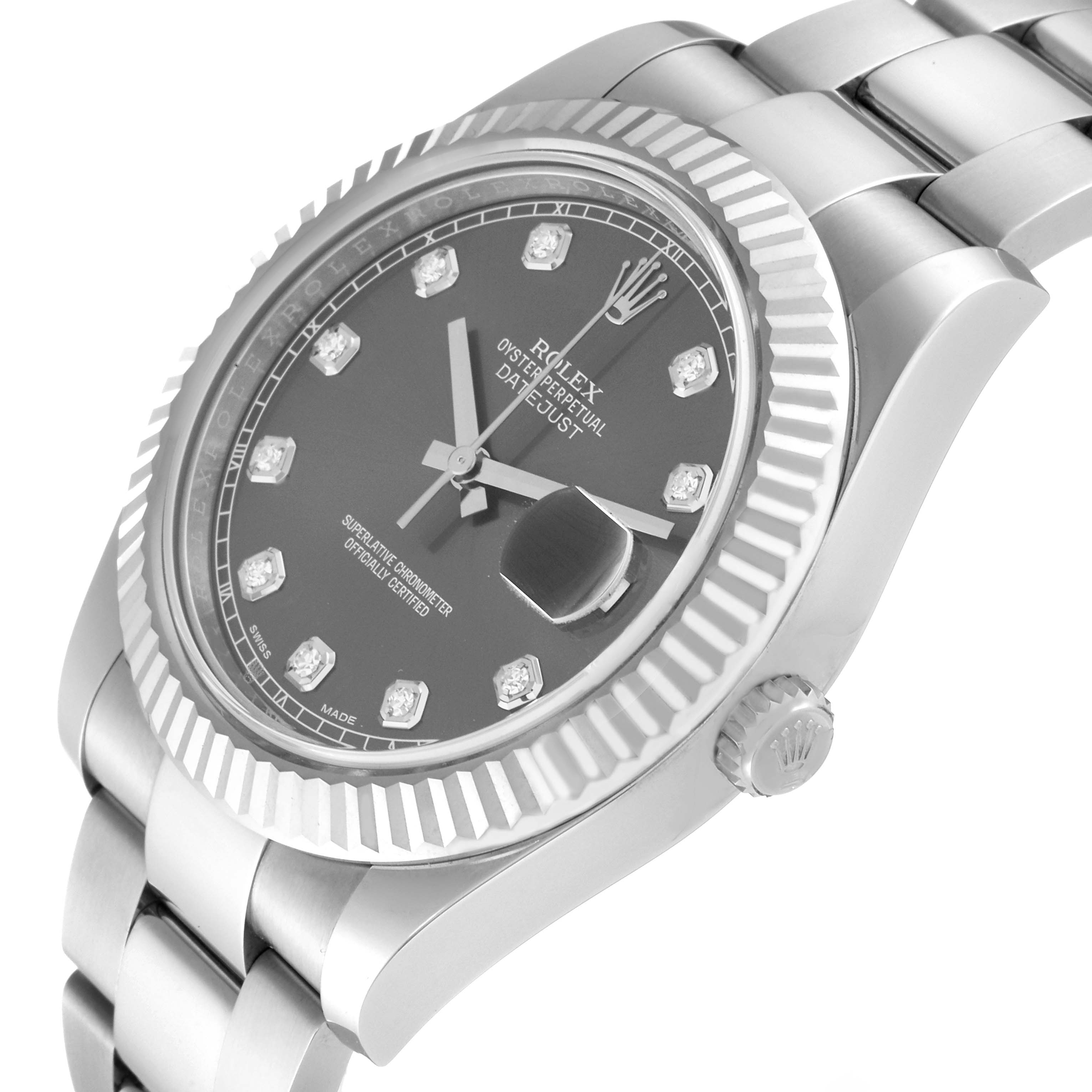 The Rolex Datejust 41 116334 Men
s Stainless Steel Grey Dial 116334 Men
s Stainless Steel Grey Dial watch is shown at a tilted angle highlighting its bezel, dial, bracelet, and crown.