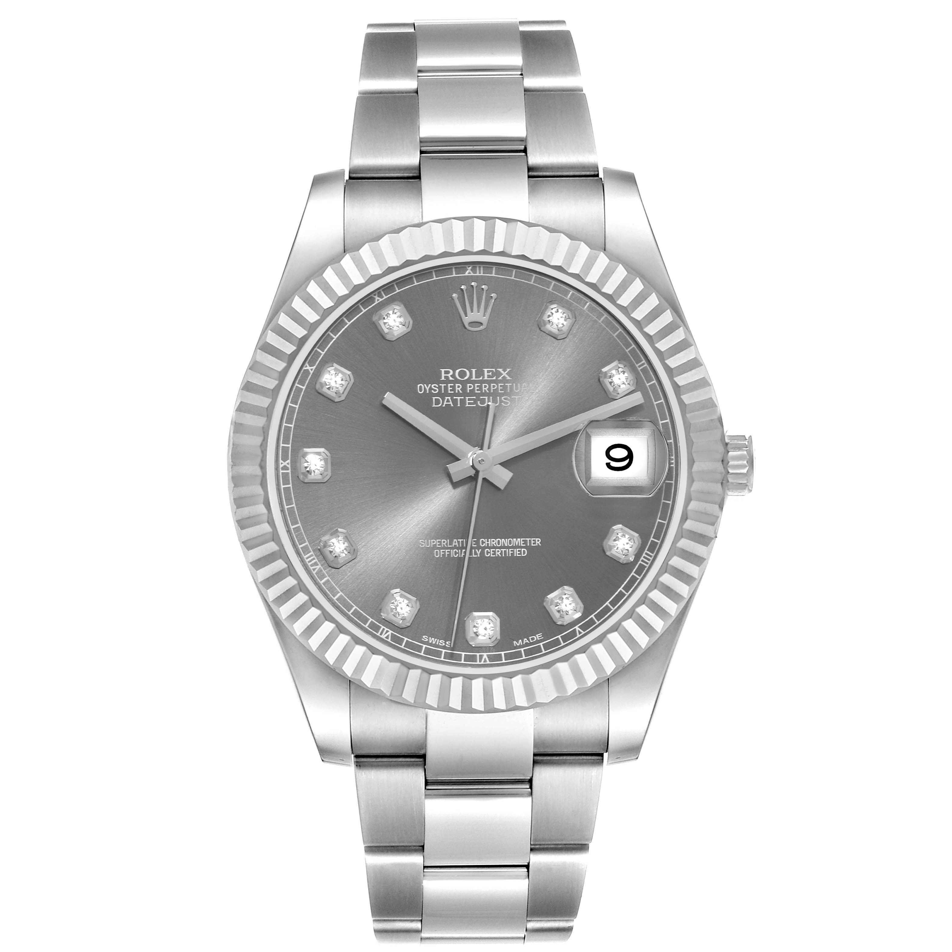 This Rolex Datejust 41 116334 Men
s Stainless Steel Grey Dial 116334 Men
s Stainless Steel Grey Dial model is shown from a front angle, displaying the dial, hands, date window, and bracelet.