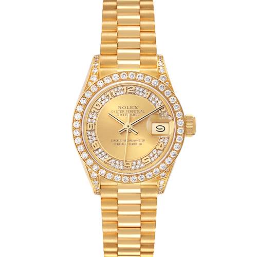 This image shows a Rolex President watch, model Datejust, with a diamond-encrusted bezel and gold bracelet, viewed from the front.