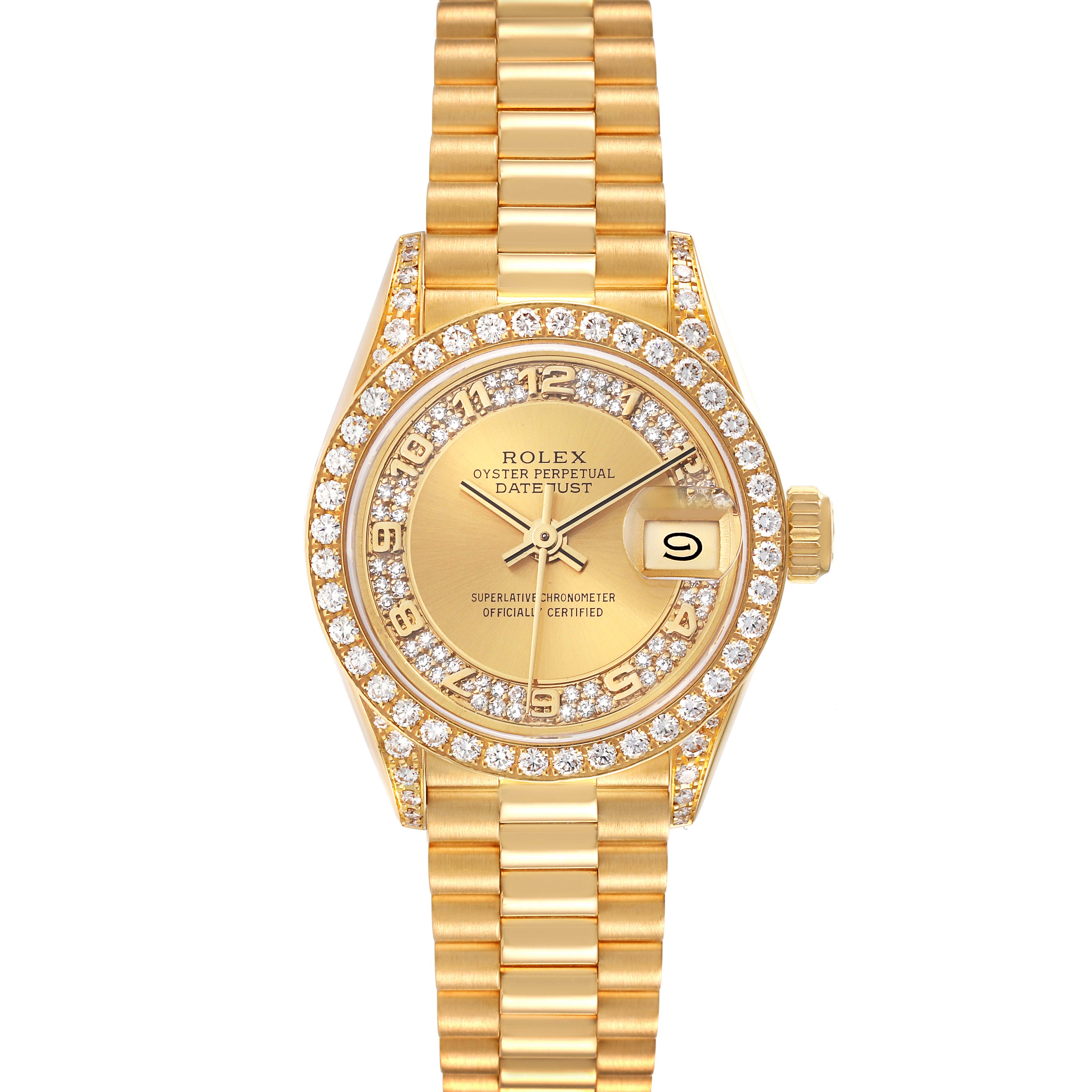 The image shows a front view of a Rolex President 69158 Women's Yellow Gold Champagne Dial 69158 Women's Yellow Gold Champagne Dial model watch, highlighting the face, bezel with diamonds, band, and date window.