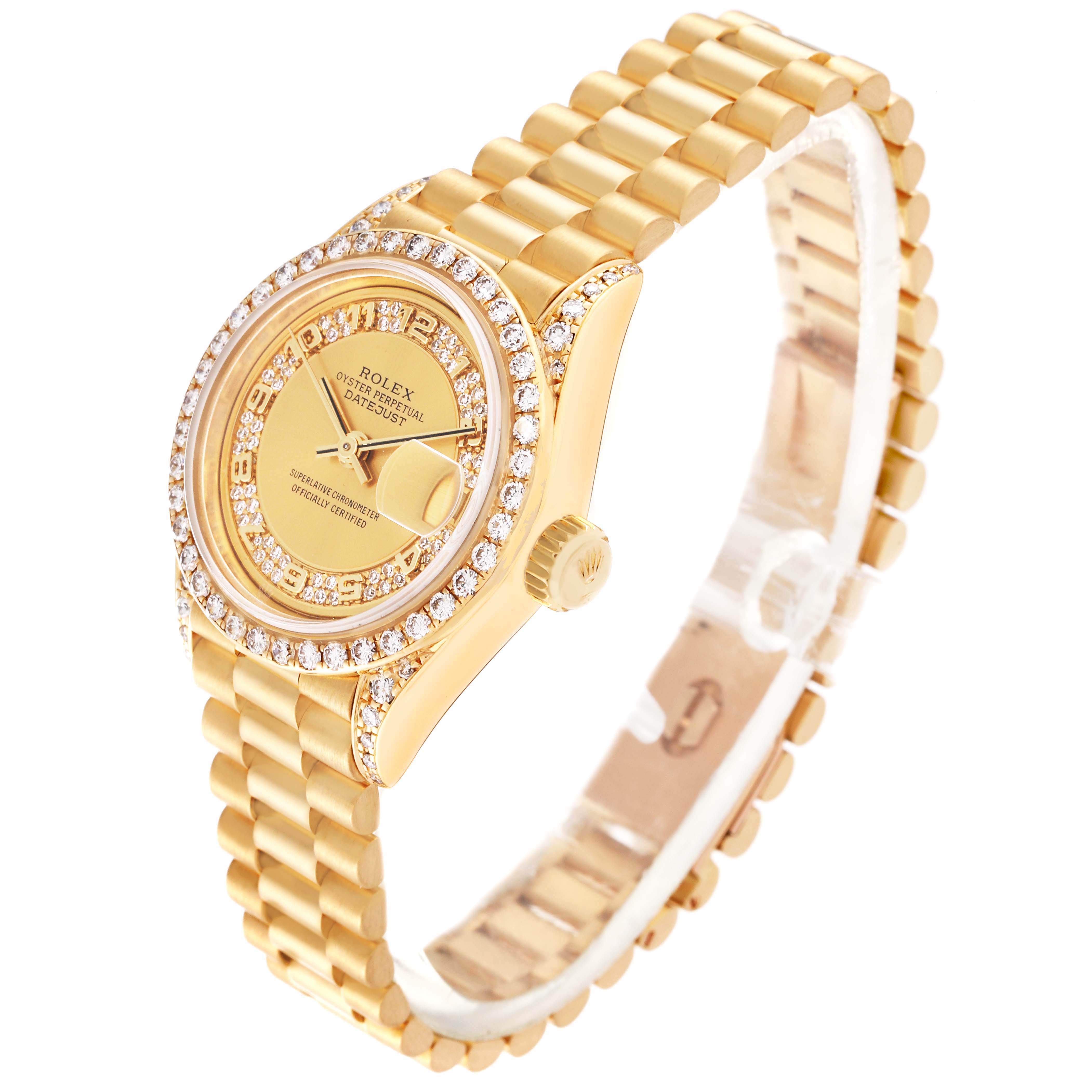 The image shows a Rolex President 69158 Women's Yellow Gold Champagne Dial 69158 Women's Yellow Gold Champagne Dial model watch at a slight side angle, highlighting its face, bezel, and bracelet.