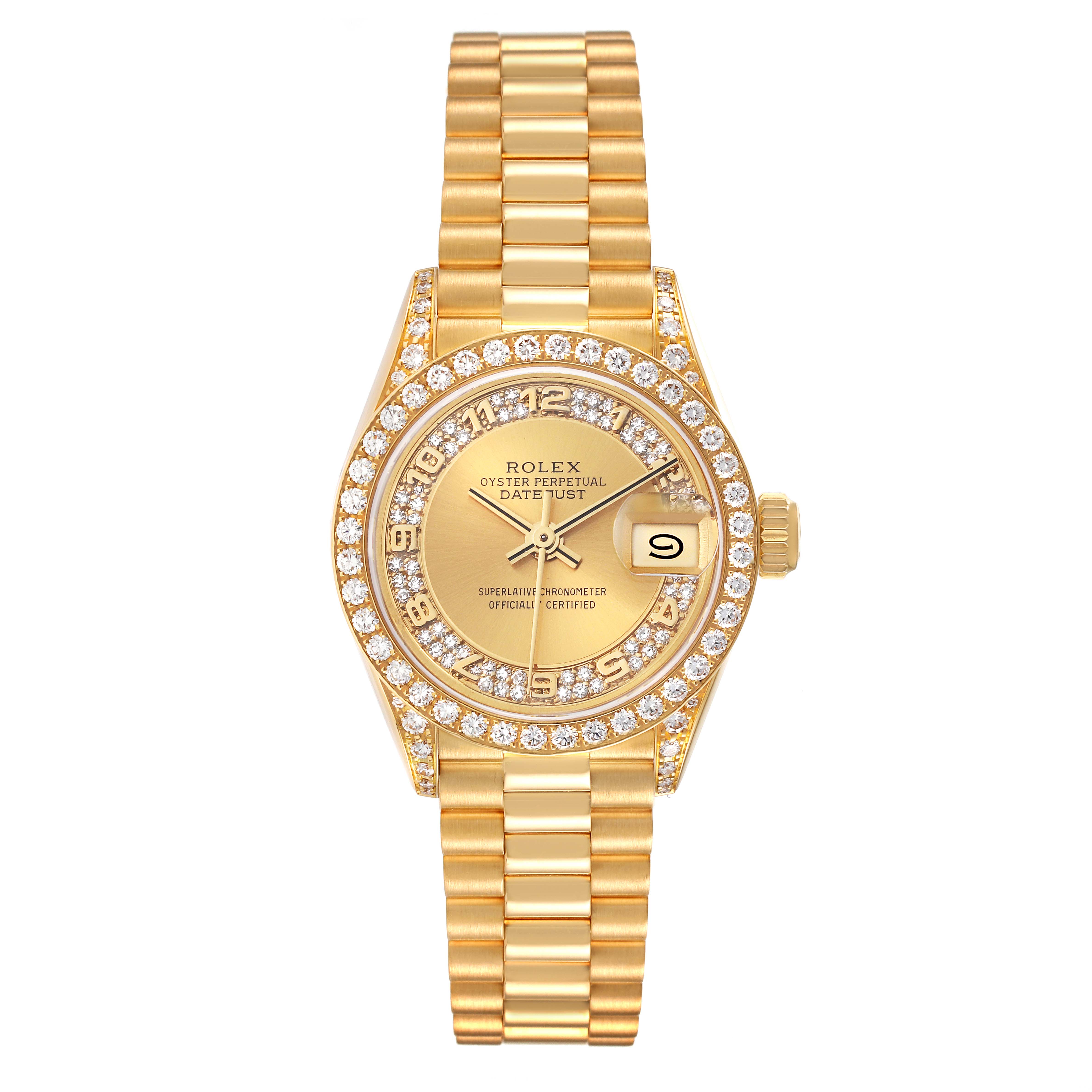 The Rolex President 69158 Women's Yellow Gold Champagne Dial 69158 Women's Yellow Gold Champagne Dial model watch is shown from a top-down perspective, highlighting its gold bracelet, diamond bezel, and date feature.